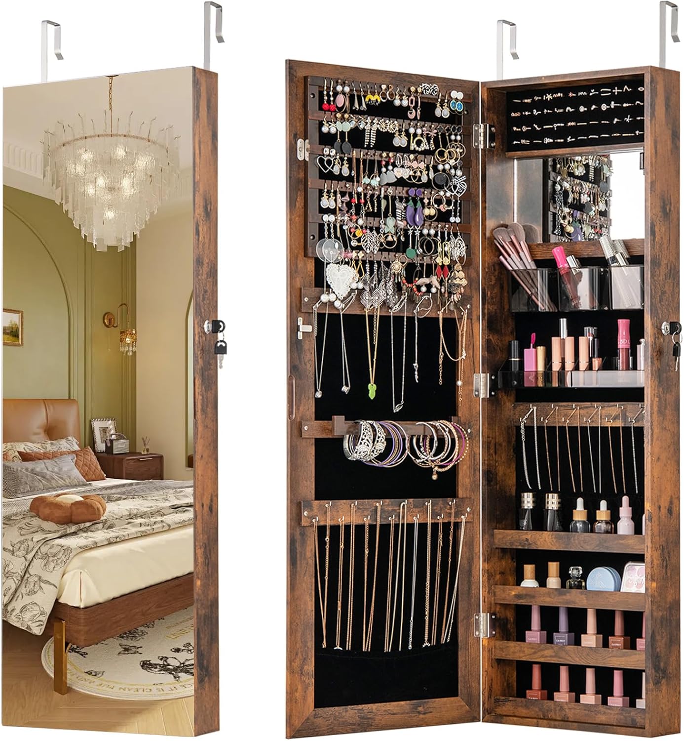 CHARMAID Jewelry Cabinet Wall or Door Mounted, Hanging Lockable Jewelry Armoire Storage with Full Length Mirror, Interior Makeup Mirror, Over the Door Jewelry Organizer Box with Mirror (Rustic Brown)