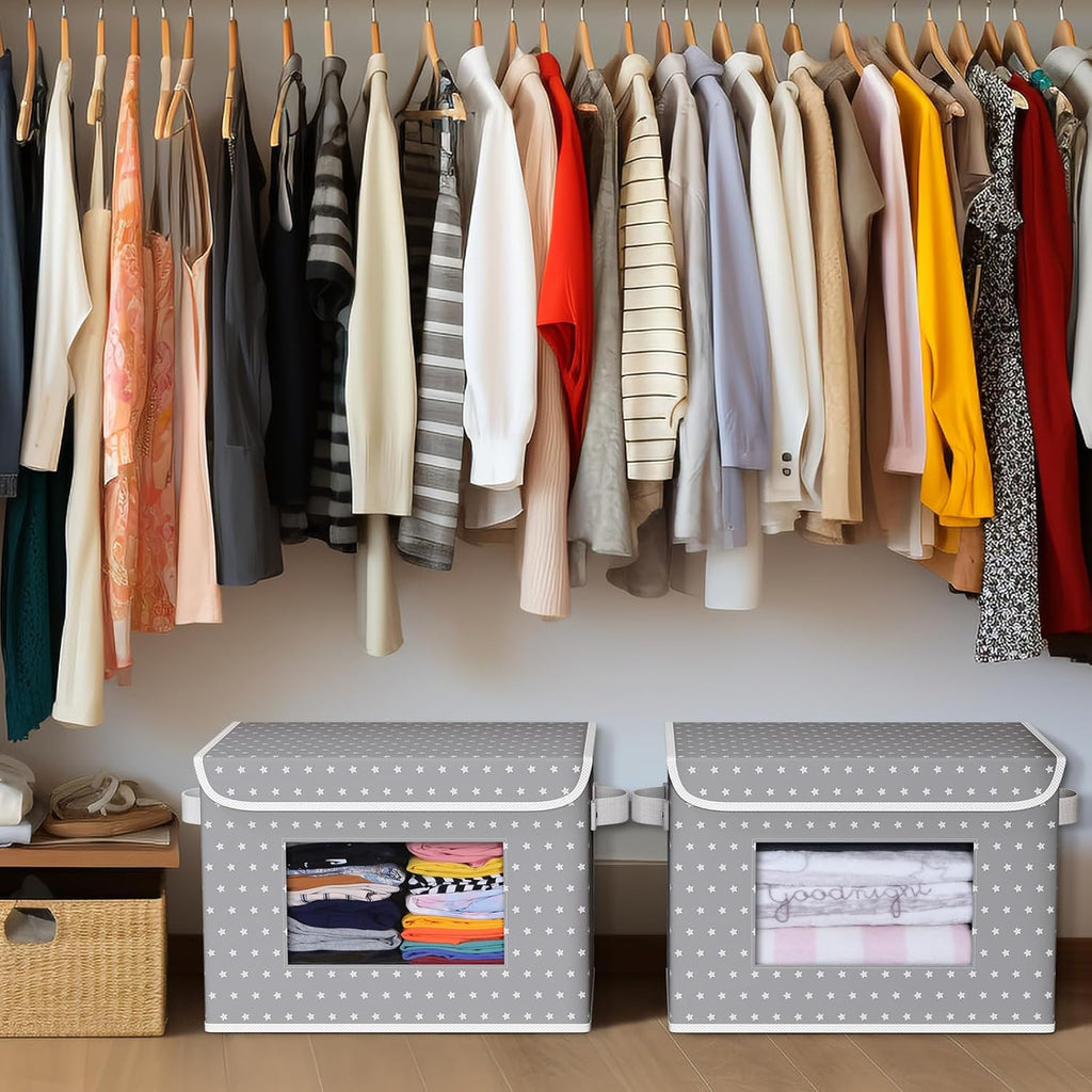 Univivi Fabric Foldable Storage Boxes [4-Pack] Large Collapsible Stackable Storage Bins with Lids, Closet Organizers and Storage Cube Basket for Home, Office, Bedroom (Gray Star, 17”x 12” x 12”)