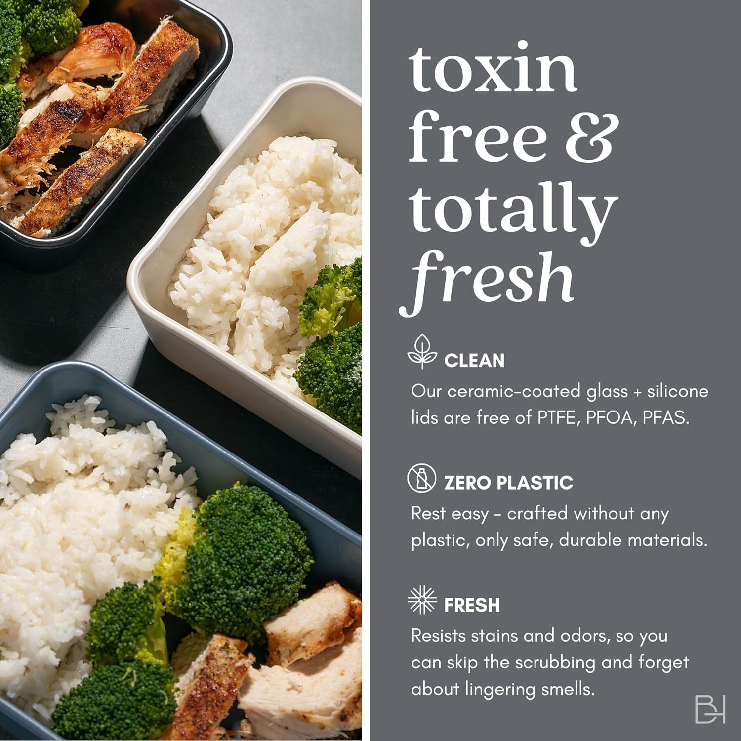 Ceramic Coated Glass Food Storage Container | No PTFE, PFOA, PFAS, and BPA | Reusable Non Toxic Meal Prep Container with Glass Lid | Easy To Store | 11 Cup Rectangle [Crema]