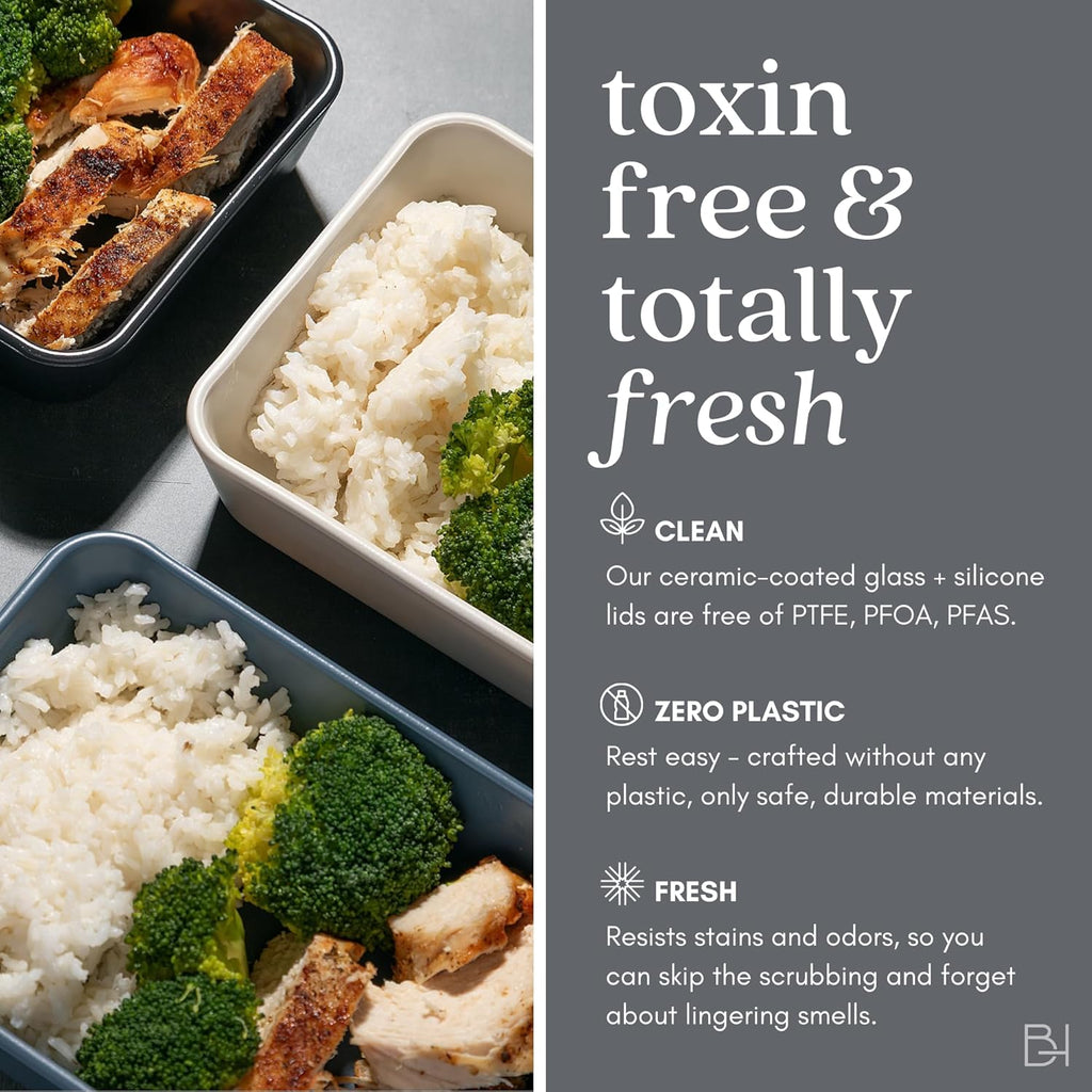 Ceramic Coated Glass Food Storage Container | No PTFE, PFOA, PFAS, and BPA | Reusable Non Toxic Meal Prep Container with Glass Lid | Easy To Store | 8 Cup Square [Crema]