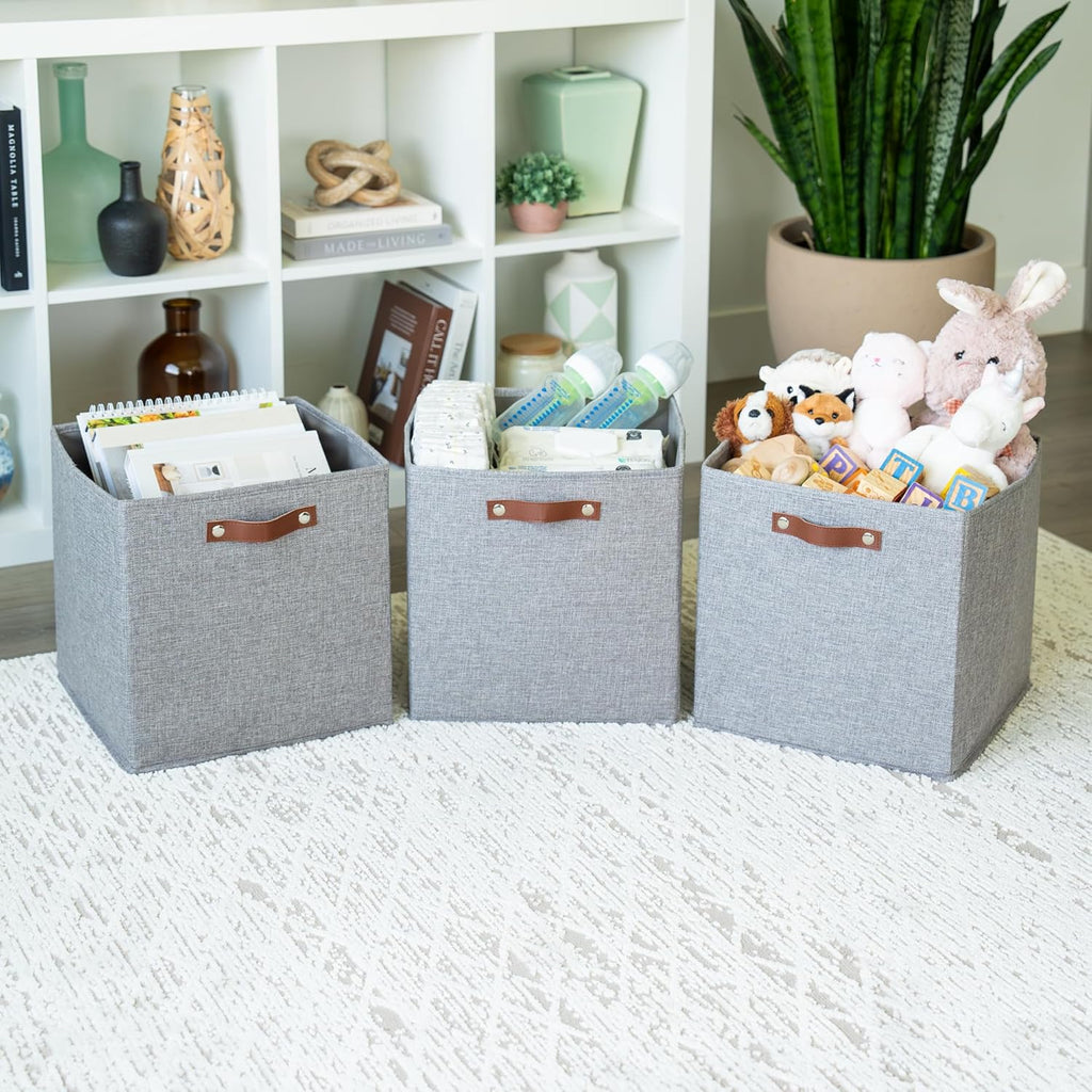 OrganiHaus 13" x 13" x 13" Cube Fabric Storage Bins Set of 4, Canvas Storage Cubes w/ Vegan Handles, 13 inch Collapsible Bins for Kallax, Cubbies Organizer, 13x13 Basket for Decor - Grey