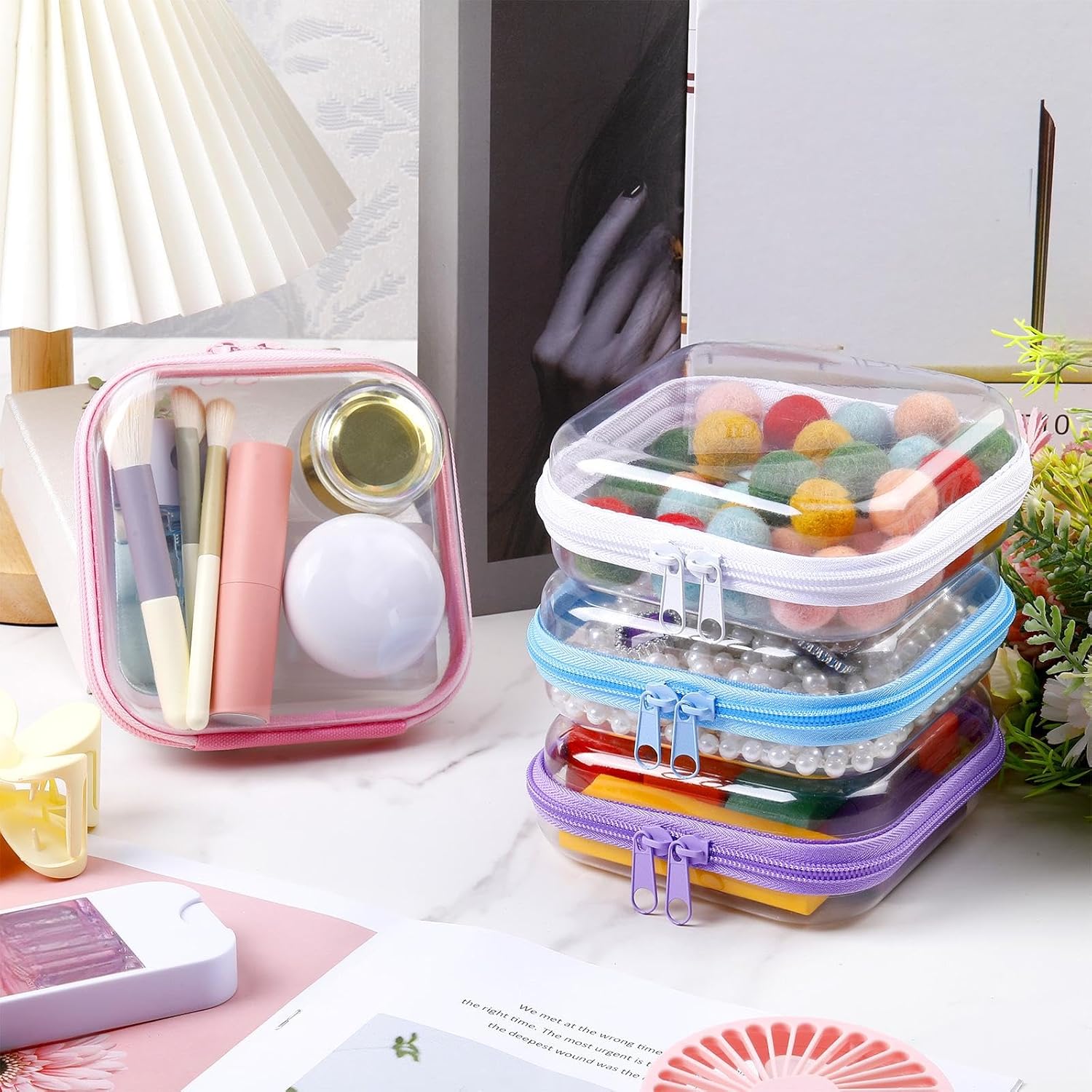 Hoolerry 4 Pcs Hard Clear Zipper Case Makeup Bags Plastic Pencil Pouch Transparent Storage Box Containers for Cosmetics, Snacks, Building Blocks, Puzzles(Multicolor,5 x 5 x 2 in)