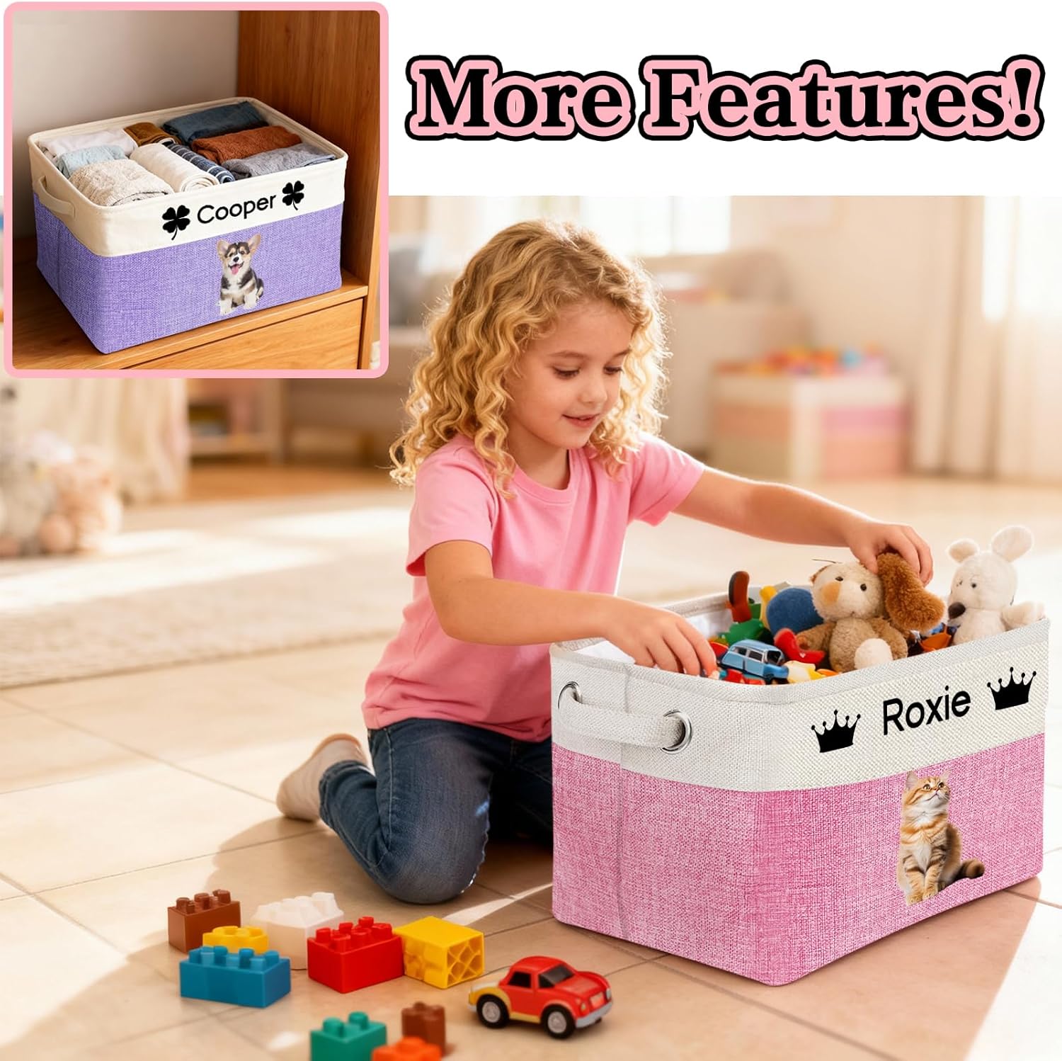 Personalized Dog Toy Storage Basket Custom Dog Name Photo Cat Pet's Gift Baskets Collapsible Organizer Box Foldable Storage Basket with Handle for Toys, Coats, Clothing, Blankets, Purple