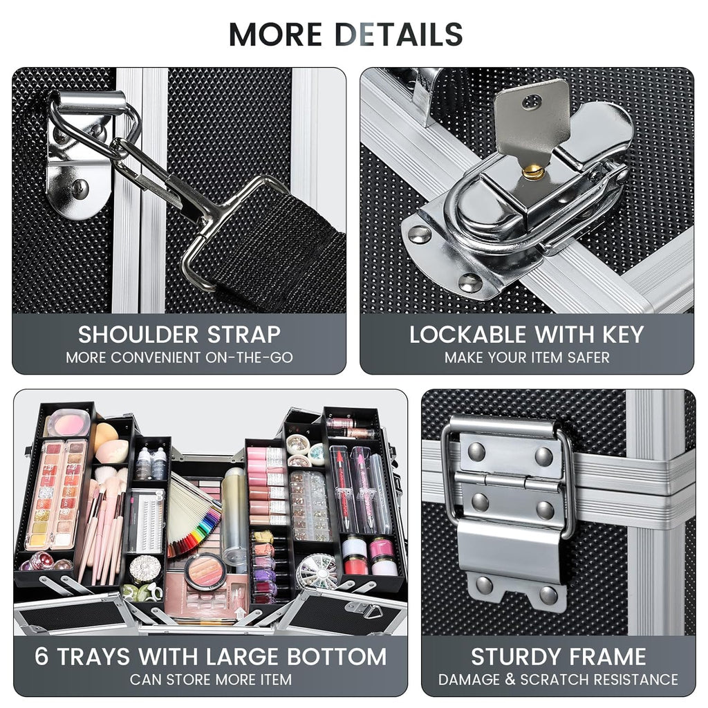 FRENESSA Makeup Train Case Makeup Case 12.6 Inch Large Cosmetic Box Organizer Travel Storage Professional Make Up Train Carrying Case with 6 Trays Locking Shoulder Strap Hard Vanity Storage Black