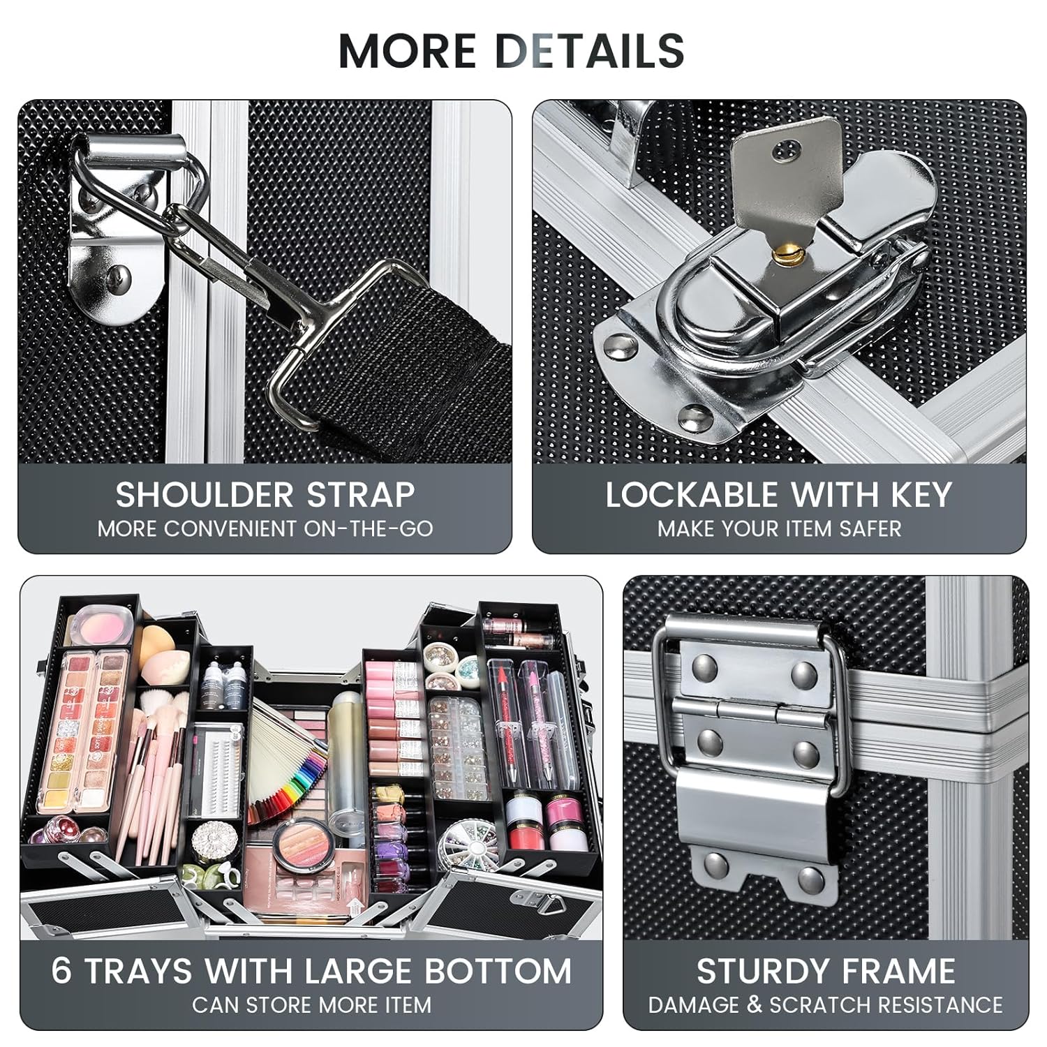 FRENESSA Makeup Train Case Makeup Case 12.6 Inch Large Cosmetic Box Organizer Travel Storage Professional Make Up Train Carrying Case with 6 Trays Locking Shoulder Strap Hard Vanity Storage Black