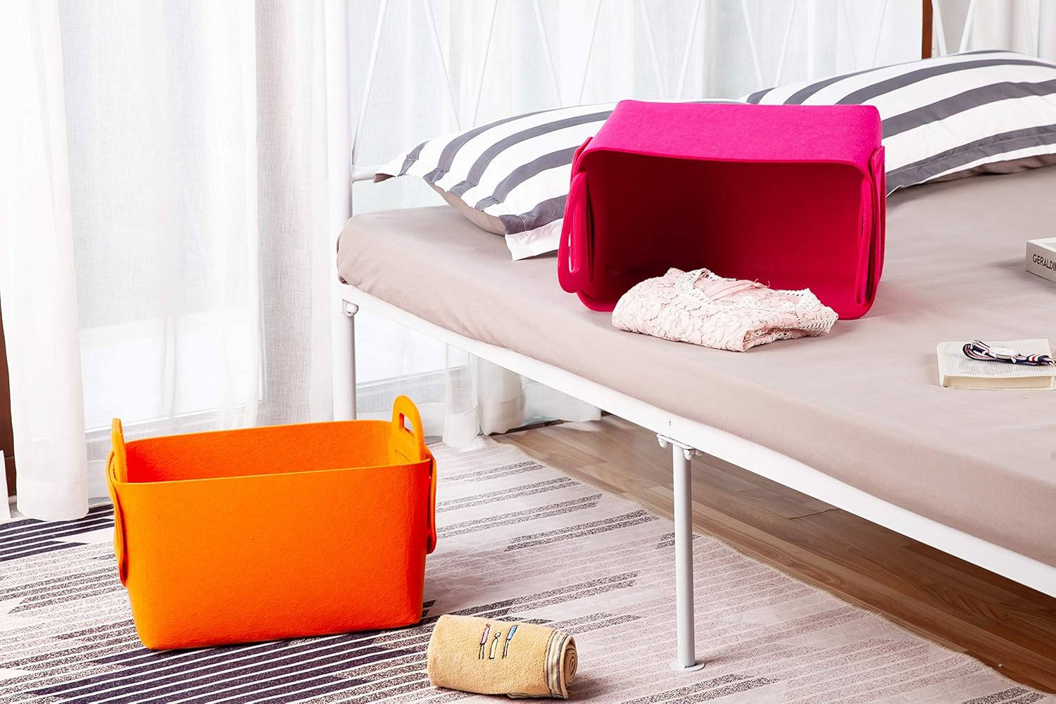 Minoisome Storage Basket Felt Storage Bin Collapsible& Convenient Box Organizer with Carry Handles for Office Bedroom Closet Babies Nursery Toys Laundry (Orange, 13.8inch（L）×9.5inch（W）×8.3inch（H）)