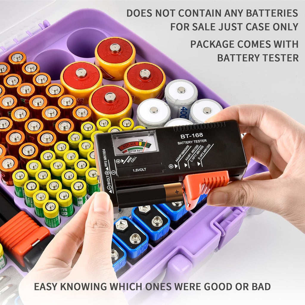 Battery Organizer Storage Holder Box Case with Tester- 269 Batteries Double-Sided Variety Pack, Holds AA AAA 4A C D Cell 9V 3V Lithium LR44 CR2 CR123 CR1632 18650 Button- Purple (Box Only)