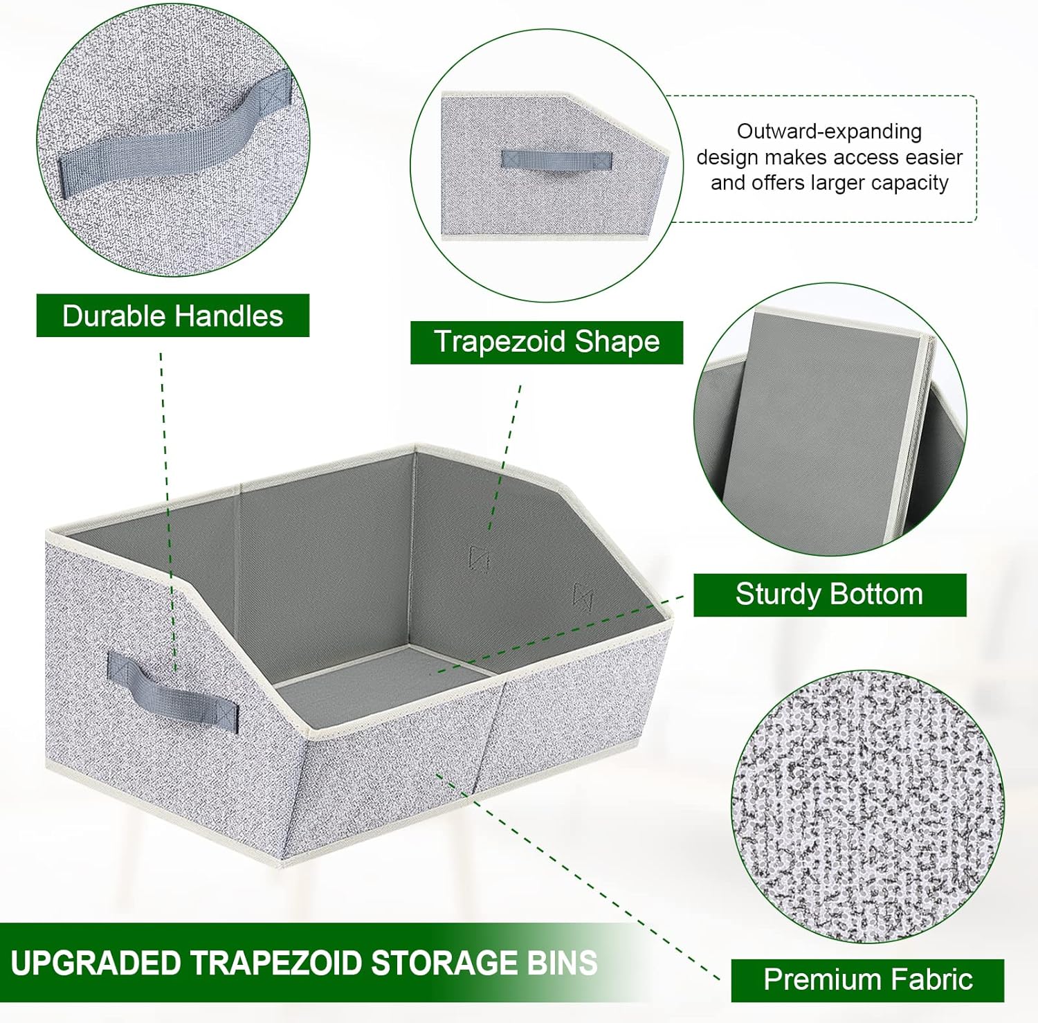 Closet Organizers Bins 6 Packs - Large Closet Shelf Organizer with Handles, Fabric Trapezoid Storage Bins, Collapsible Storage Cubes for Clothes, Towels, Light Gray