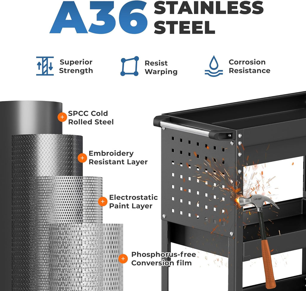 INTERGREAT Rolling Tool Cart, Heavy Duty Utility Cart on Wheels, Industrial Mechanic Carts with Drawers and Pegboard, 3-Tier Tool Storage Cart for Garage, Warehouse, Black