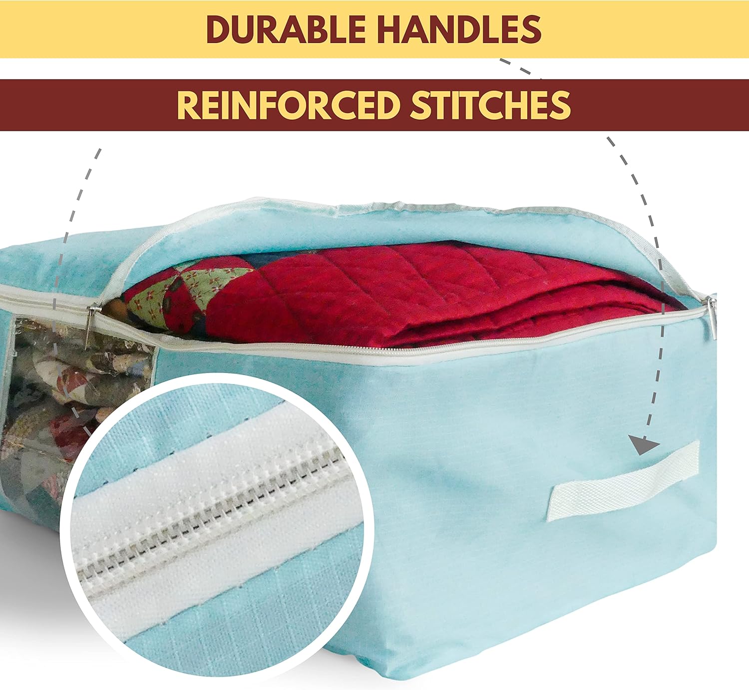 Madam Sew Quilt Blanket Storage Bag|Blanket Organizer|Comforter Storage for Clothes, Quilts, Bedding|Linen Bag Storage with Visible Front Panel, Strong Handles & 2-Way Zipper - Turquoise 22x15x8"