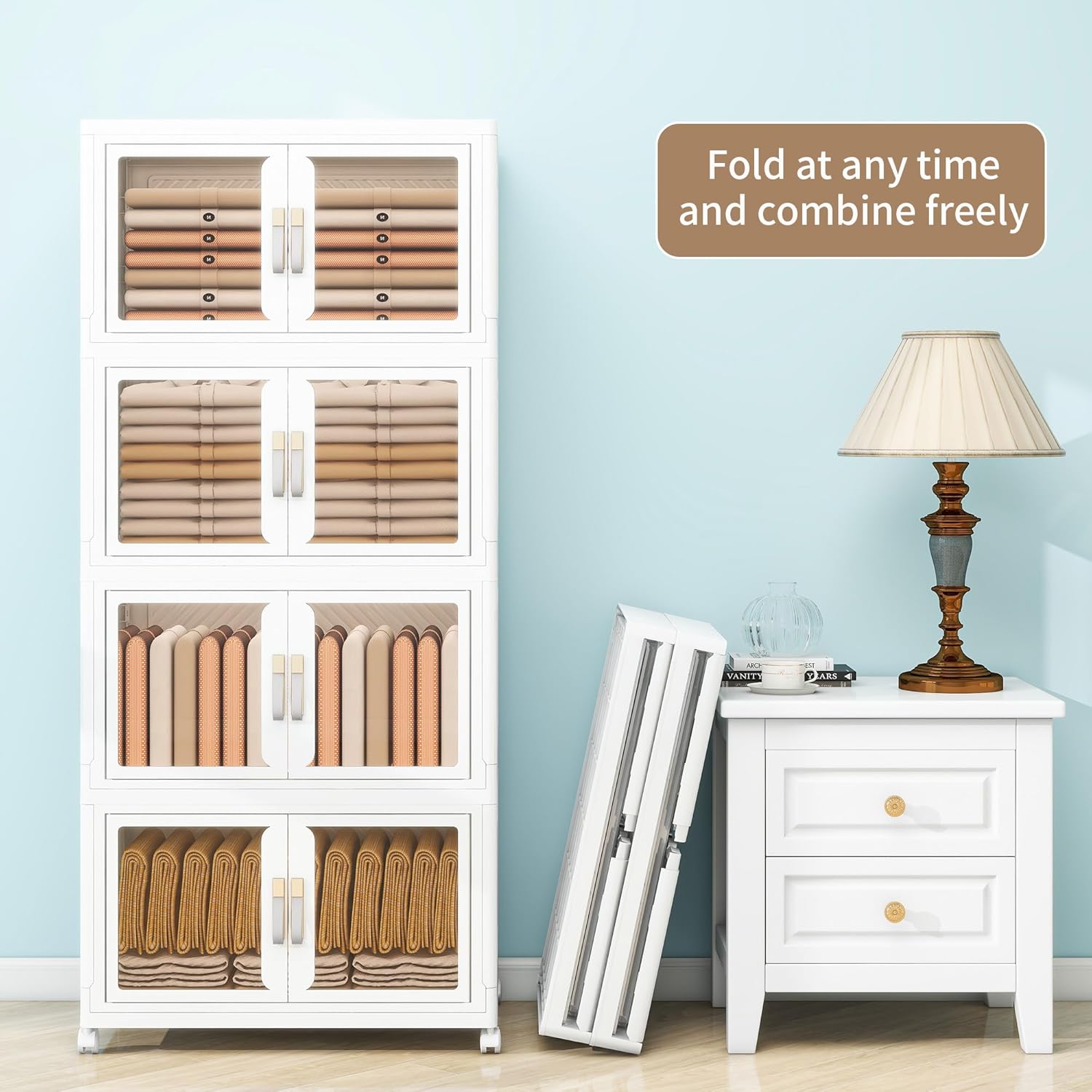 Large Clear Stackable Storage Bins with Lids, Foldable Storage Cabinet for Closet Organizers and Storage, Plastic Storage Box with Wheels 398 QT