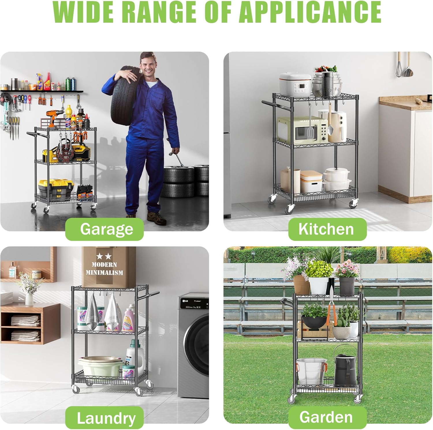 Rolling Utility Storage Carts with Wheels 3 Tier Heavy Duty Metal Cart 750Lbs Capacity Adjustable Kitchen Organizer Cart with Handle & Shelf Liner Commercial Grade Trolley for Indoor & Outdoor Use