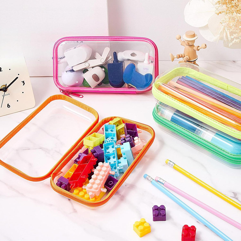 Hoolerry 4 Pcs Hard Clear Zipper Case Makeup Bags Plastic Pencil Pouch Transparent Storage Box Containers for Cosmetics, Snacks, Building Blocks, Puzzles(Fluorescent,7.5 x 3.9 x 2 in)