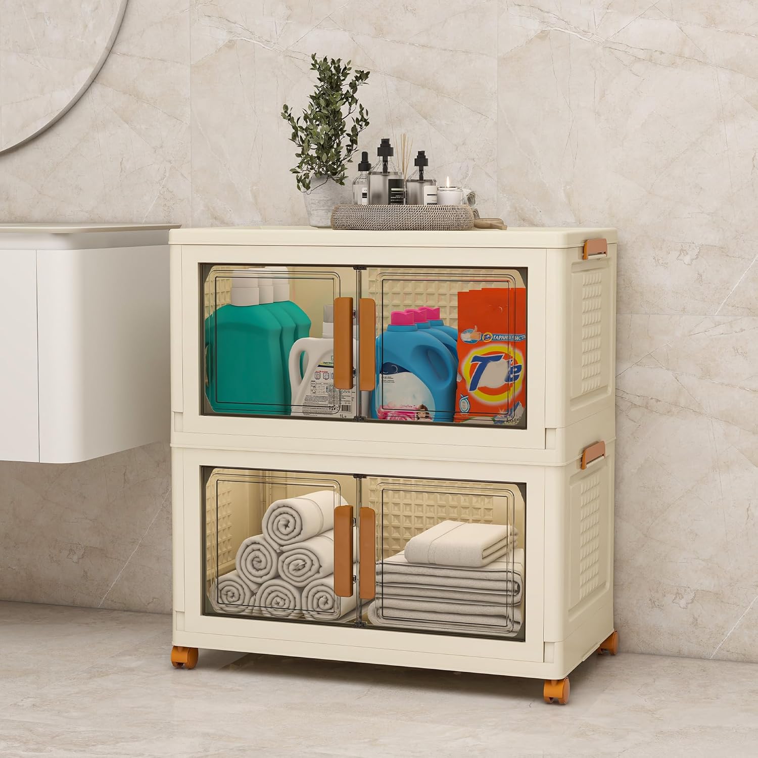 Plastic Stackable Storage Bins with Lids and Wheels, Foldable Closet Organizers and Storage Containers, Collapsible Clear Drawer Storage Cabinet with Doors Ivory White 304 QT