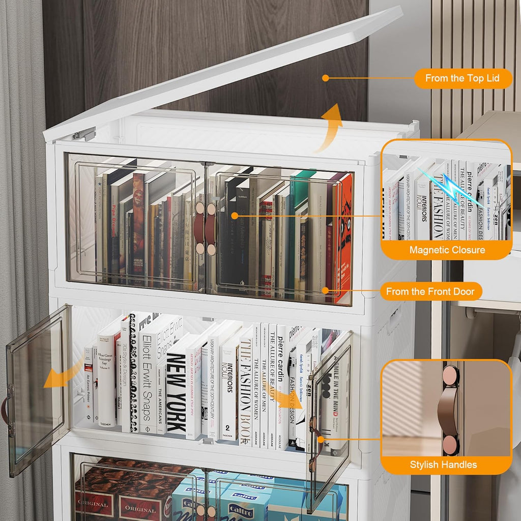 275Qt Stackable Storage Bins with Lids, 5 Pack Large Collapsible Bins with Wheels, Plastic Cabinet with Doors, Foldable Closet Organizers and Storage for Home, Dorm, Office, White