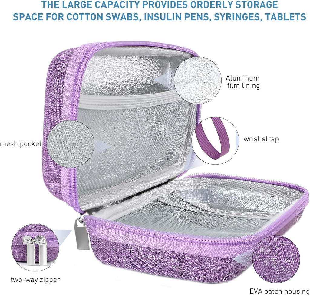 Insulin Cooler Travel Case,EVA Insulation Travel Medicine Kit with Temperature Display for Diabetes Care,Insulin Pen and Other Diabetic Supplies (Purple-Temp)