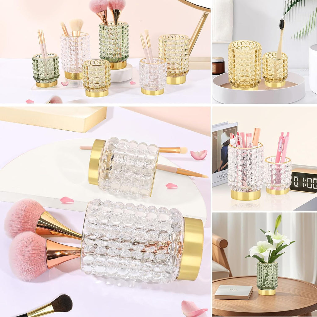 DASITON Makeup Brush Holder Organizer, Crystal Cosmetic Make Up Brush Holder, Glass Makeup Brushes Storage Organizer, Vintage Make Up Cup Desk Pen Pencil Holder, Toothbrush Holders (Clear S)