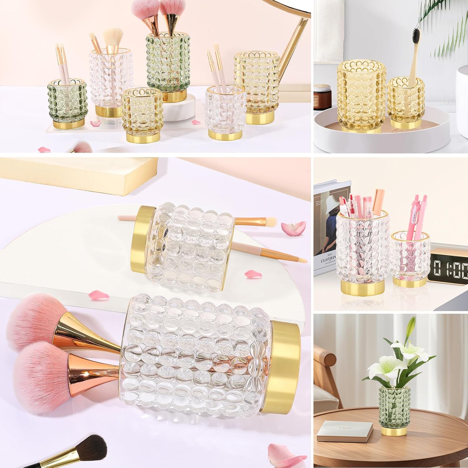 DASITON Makeup Brush Holder Organizer, Crystal Cosmetic Make Up Brush Holder, Glass Makeup Brushes Storage Organizer, Vintage Make Up Cup Desk Pen Pencil Holder, Toothbrush Holders (Clear L)