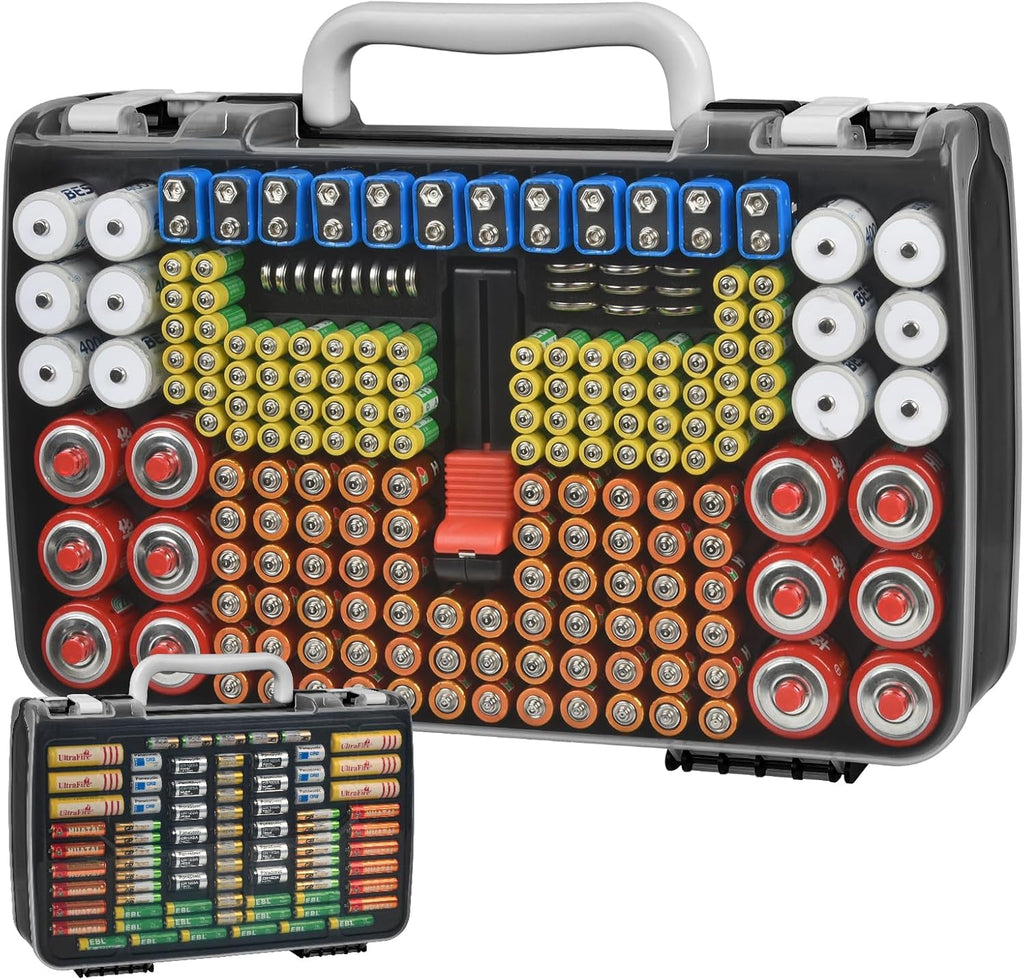 Battery Organizer Storage Holder Case with Double-Sided, Garage Box with Tester Checker. Batteries Container for 269pcs AA AAA AAAA 3A 4A 9V C D Lithium 4LR44 CR2 CR123A CR1632 CR2032 18650 - Black