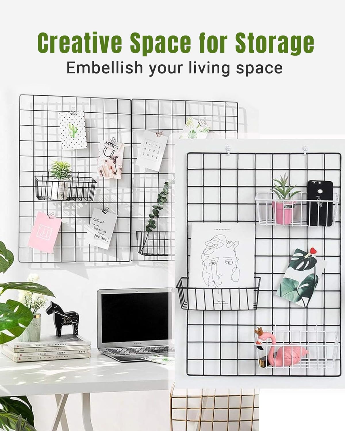 10 PCS Black Wire Baskets, No Drilling, Hanging Wire Basket for Wall Grid Panel Organizing, Grid Wall Accessory