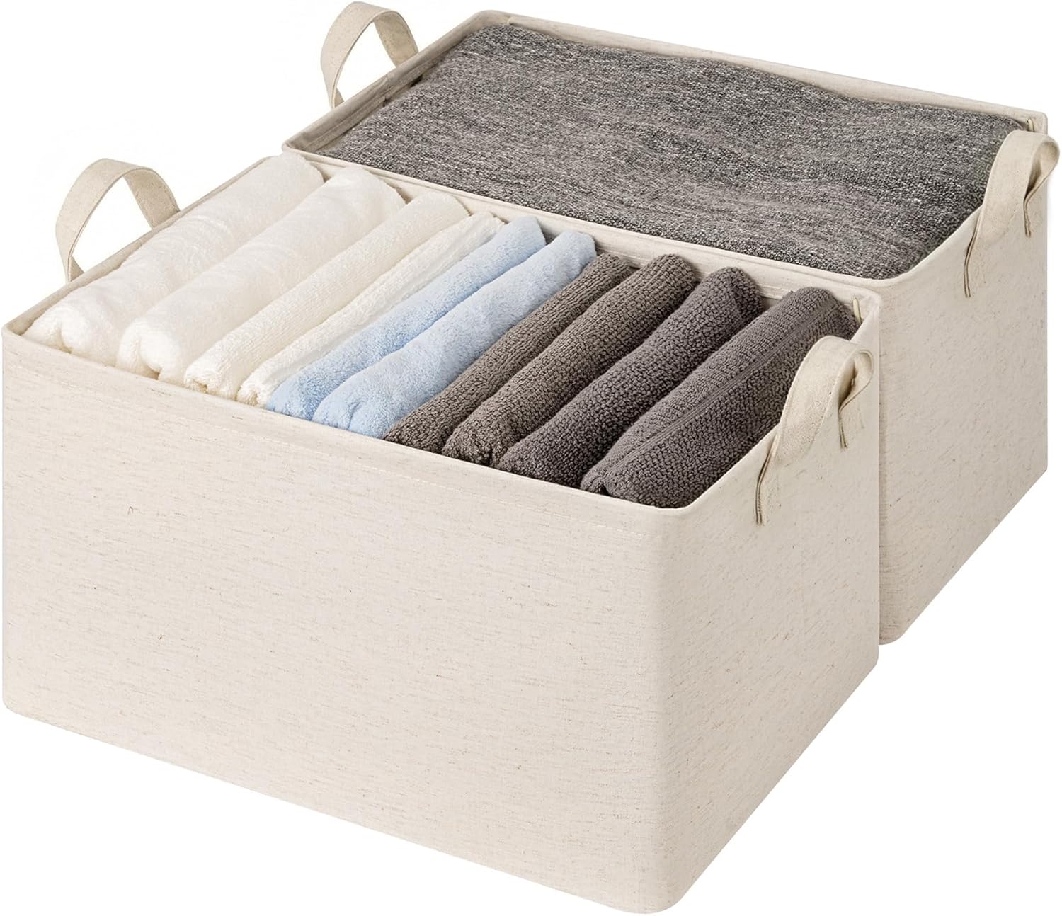 StorageWorks Storage Bins, Shelves Baskets for Organizing, 45L Extra Large Fabric Closet Organizers with Handles, Metal Frame, Beige（Cotton-linen）, 2-Pack