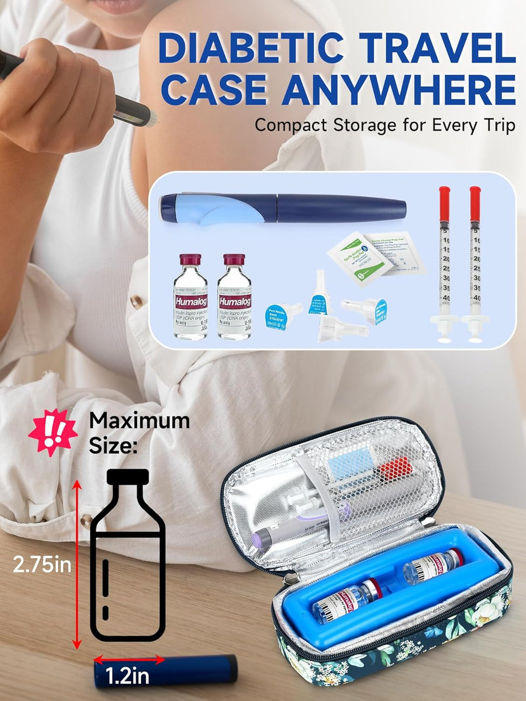 Insulin Vial Cooler Travel Case – TSA Approved Diabetic Medication Vial Cooling Bag, Refrigerated Diabetes Supplies Organizer, Portable Mini Cooler Case with Protective Ice Brick (Camellia)