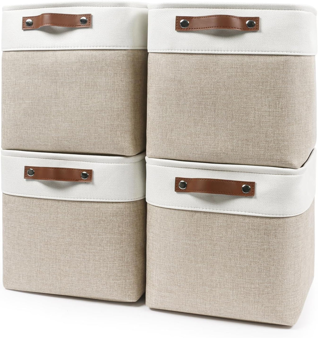 Collapsible Fabric Storage Cubes 11x11 Cube Storage Bins, 4 Pack Closet Baskets Box with Handles for Organizing, Shelf, Toys, Clothes, Home, Office, Nursery (Beige&White)