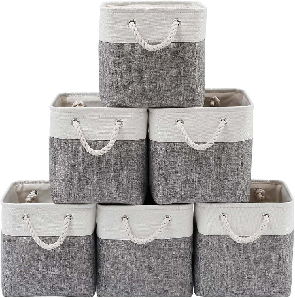 Fabric Storage Bins, 11 inch cube storage bins with Handles, 11x11cube storage organizer bins, Collapsible Storage Bins for Shelves and Home, Cubby Storage Cubes (white-gray, 10.5x10.5x11in)