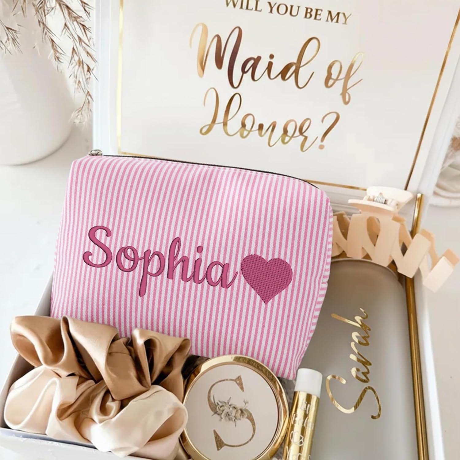 Personalized Seersucker Makeup Bag with Embroidered Name&Birth Flower,Custom Small Travel Cosmetic Bag Toiletry Bag Wedding Gifts for Bridesmaid Bride (3-Makeup Bag with Heart)