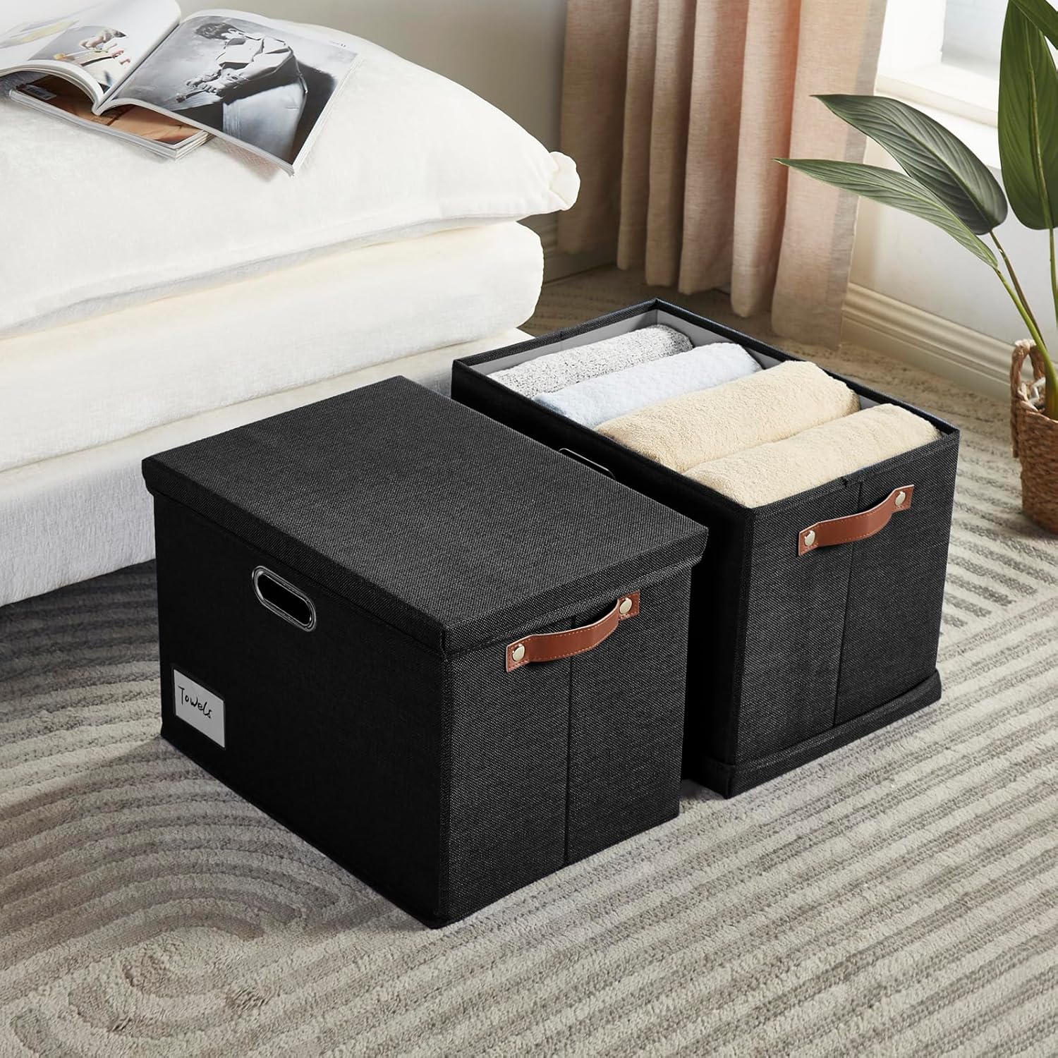 17" Large Collapsible Storage Bins with Lids, Stackable Closet Organizers with PU Handle and Labels, 3-Pack Decorative Fabric Storage Boxes for Home, Bedroom, Closet, Office, Nursery(Black)