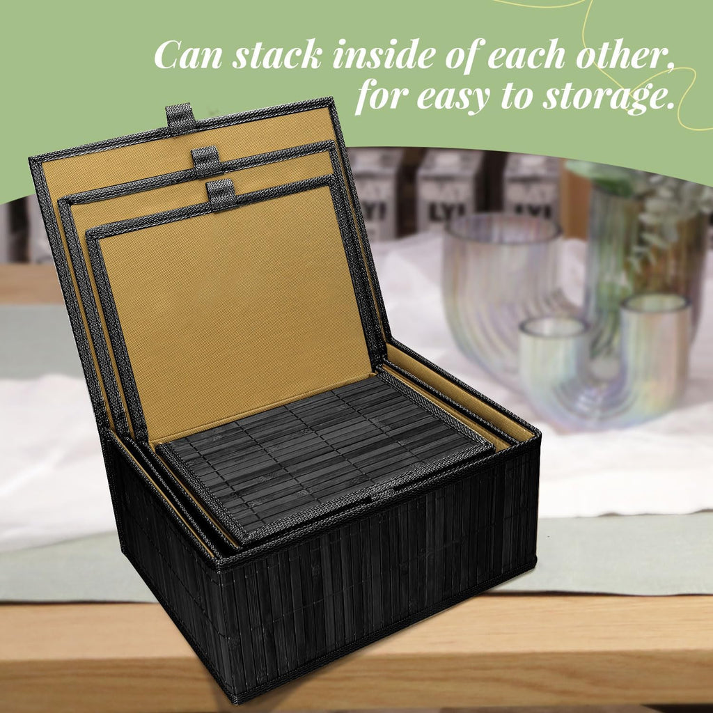 Wicker Basket With Lid Bamboo Storage Box for Shelf Bamboo Decor Storage Boxes With Lids-Rectangle Decorative Basket With Lid Organizer for Bedroom,Living Room (Set of 4,black)