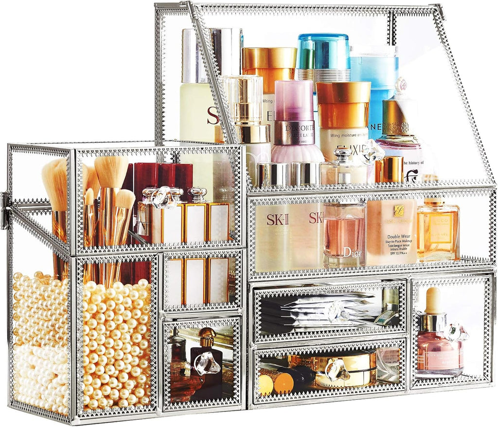 Hersoo Glass Makeup Organizer for Vanity/Stackable 2Pieces Drawer Set/Antique Countertop Vanity Cosmetic Storage Box Mirror Glass Beauty Display, Holder for Brushes Lipsticks Skincare Toner (Silver)