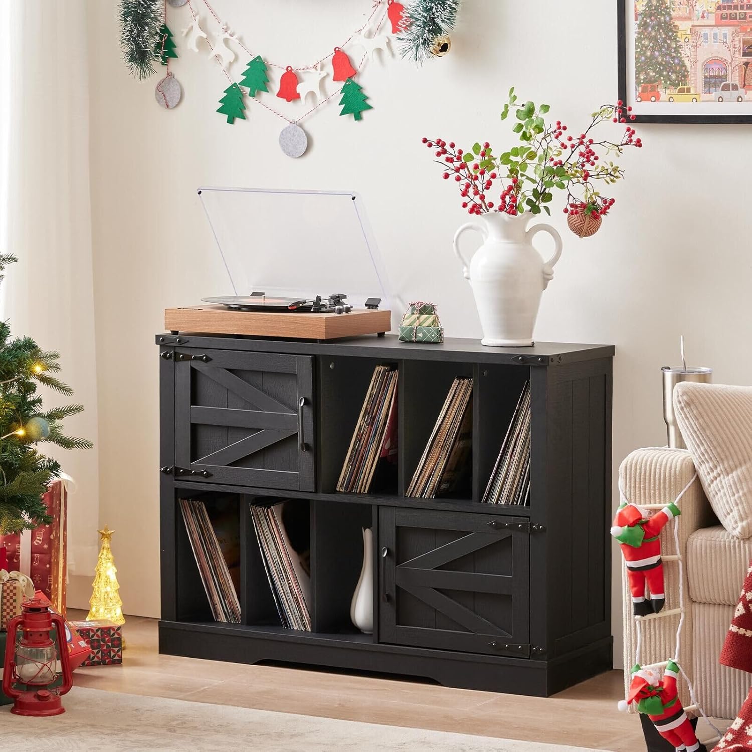 Large Record Player Stand with Vinyl Storage Up to 450 Albums, 39 Inch Farmhouse Wood Black Vinyl Records Storage Cabinet with Barn Doors, Mid-Century Modern Turntable Stand for Living Room