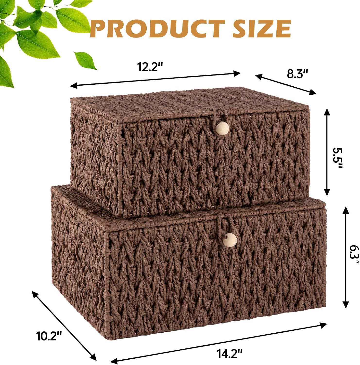 OIAHOMY Wicker Storage Basket with Lid & Lock, Lidded Storage Bins, Decorative Baskets for Organizing, Set of 2-Brown