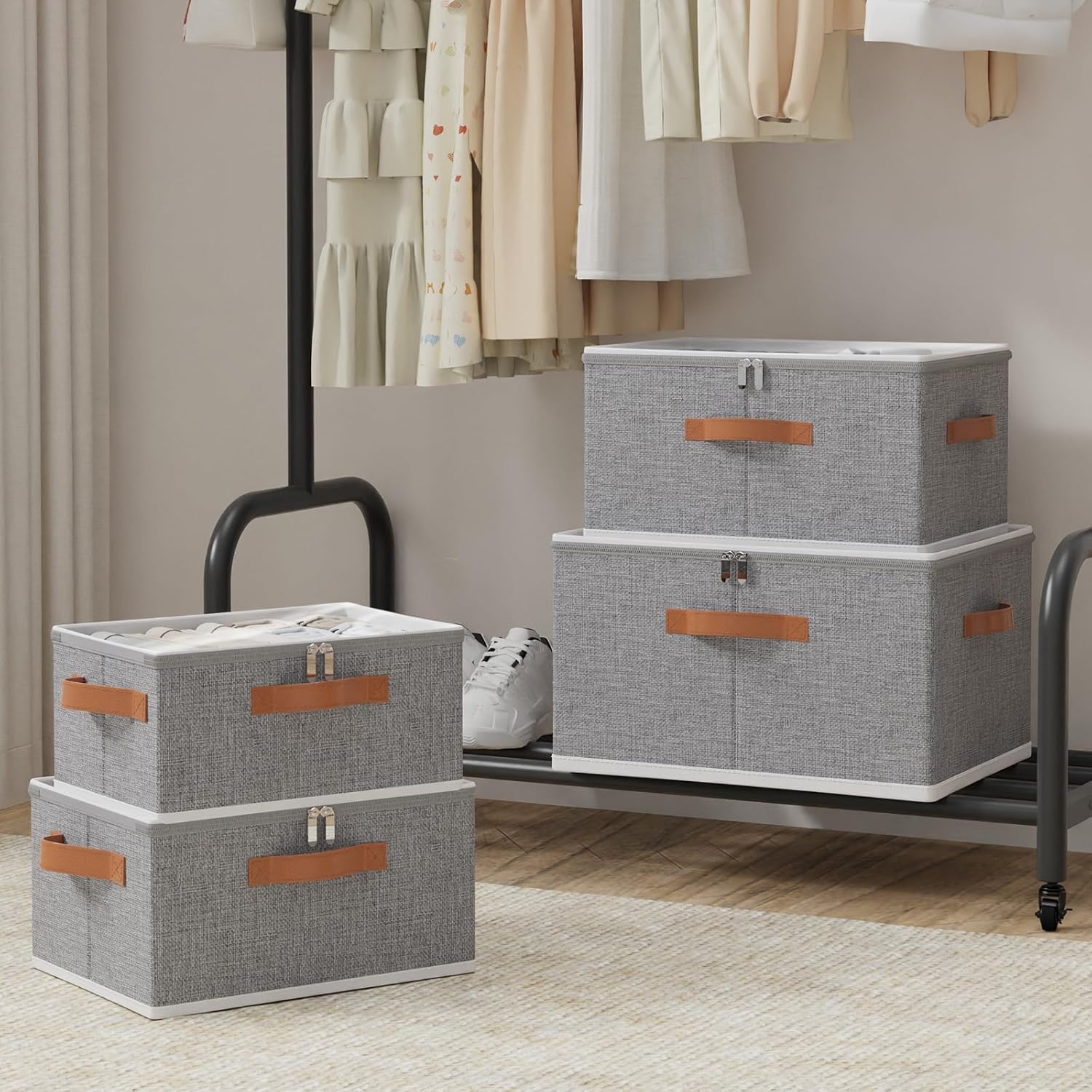 OUTBROS Large Storage Bins with Lid, Foldable Bags, Wardrobe Organiser with Handle and Zipper, Used for storing clothes, blankets, pillows, 19.7 x 15.7 x 11.8 inch, 2-Pack