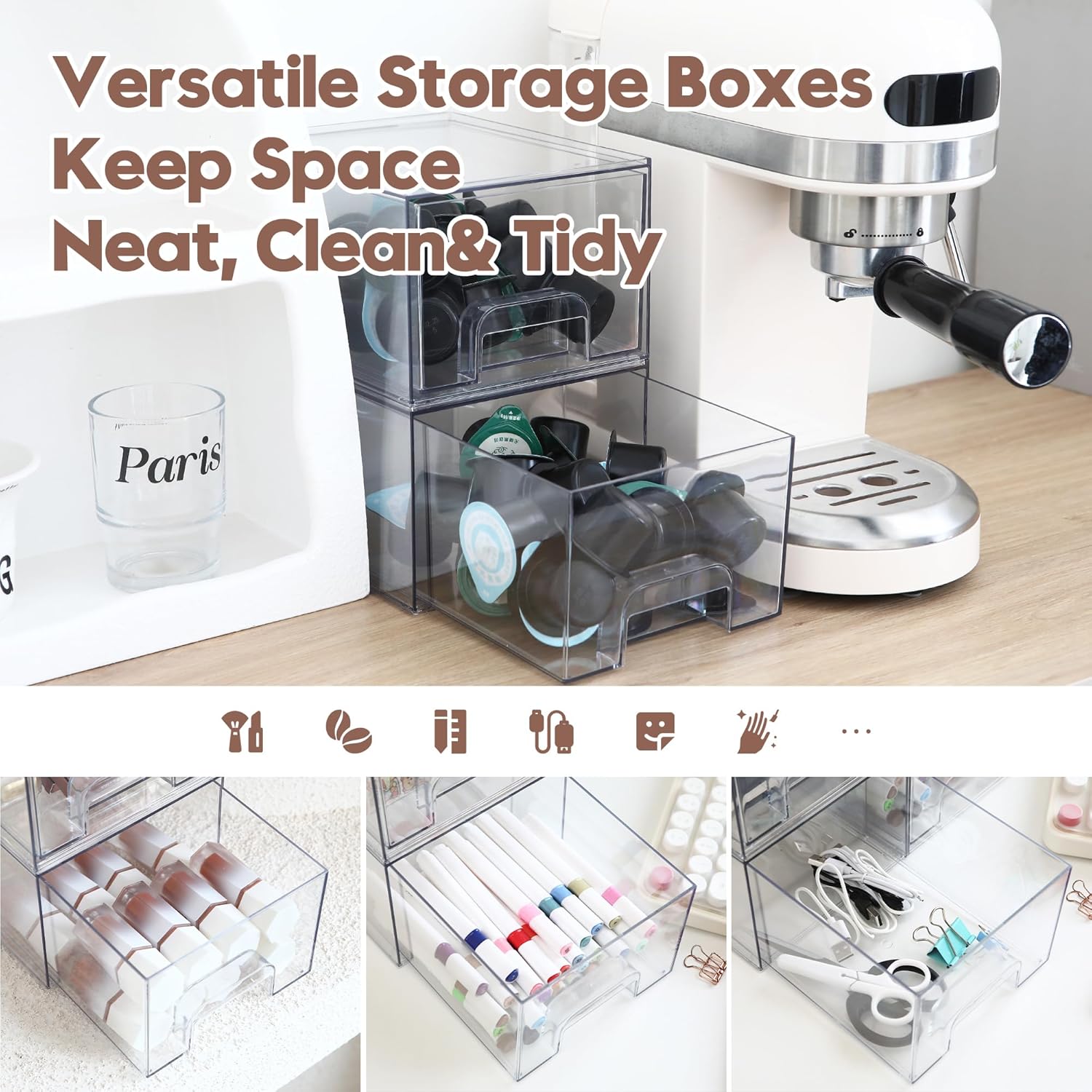 Sea Team 2-Pack Clear Makeup Organizer with Drawers, Acrylic Plastic Cosmetic Display Case, Jewelry Storage Box, Holder for Dresser, Bathroom, Vanity, Kitchen Cabinets, Pantry, Countertop