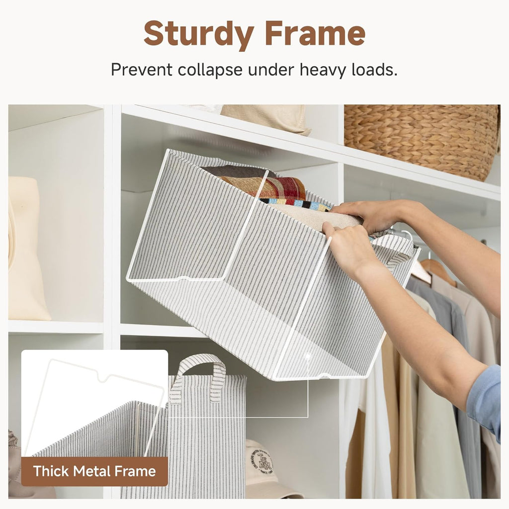StorageWorks Storage Bins, Fabric Storage Bins for Shelves, Large Storage Baskets with Metal Frame, Closet Baskets and Bins with Handles, Khaki and Beige Stripes, 2-Pack