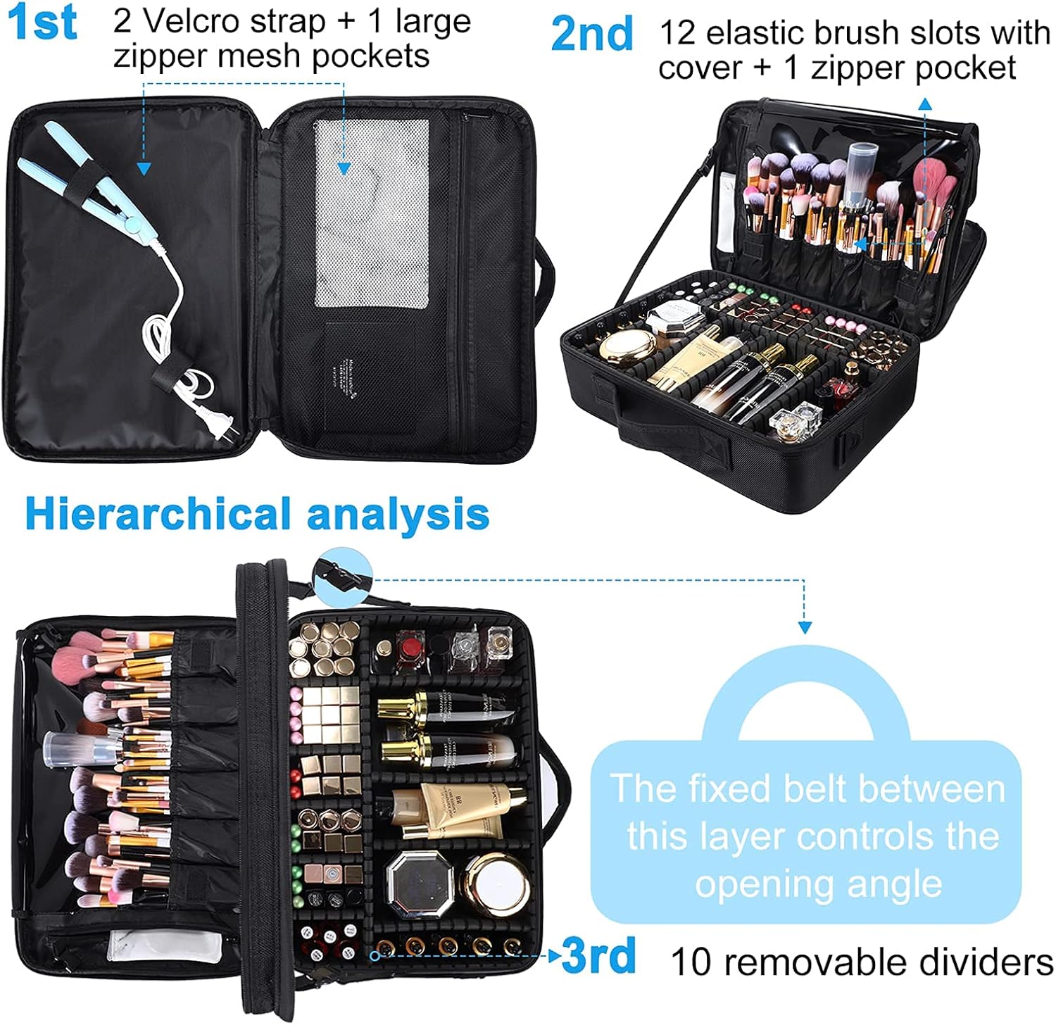 JOURMON Travel Makeup Train Case,Large Capacity Cosmetic Bags for Women,Portable Makeup Bag Organizer with Adjustable Dividers & Shoulder Strap (Black, L)