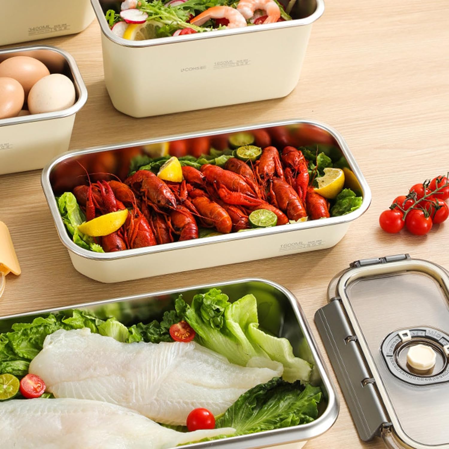 2Pack Deli Meat Container & Bacon Container for Refrigerator & Chease Keeper– 304SS Airtight Fridge Storage Box with Date Tracker, BPA-Free & Dishwasher Safe,Creamy White