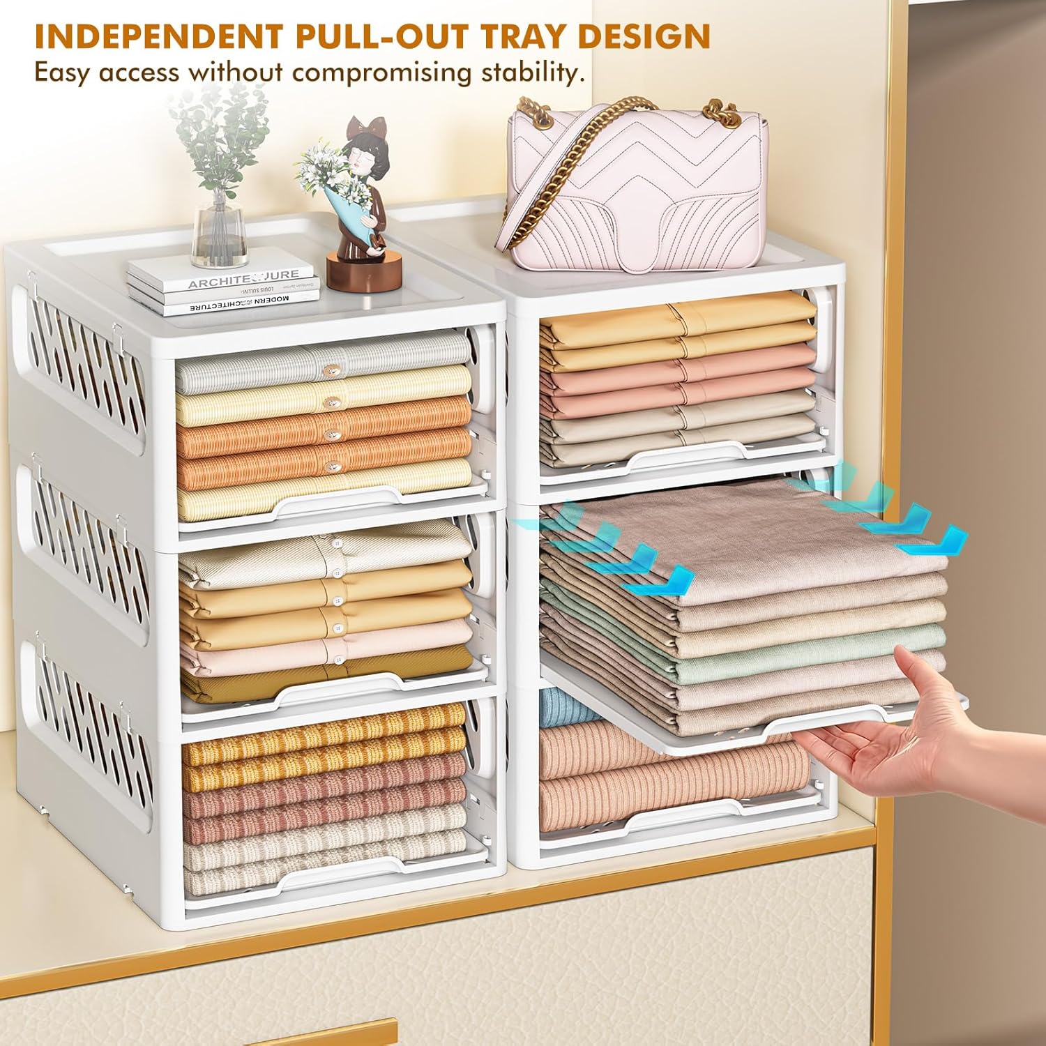 3 Pack Stackable Closet Storage Basket - Stackable Storage Bins, Multifunctional & Foldable Closet Organizer Divided, Wardrobe Cupboard Space-Saving Clothes Storage Hat Organizer, White