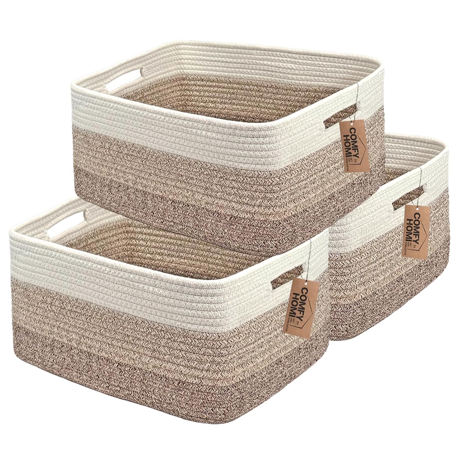 COMFY-HOMI 3 pcs Large Storage Baskets for Shelves, Laundry Basket, Woven Rope Basket, Closet Organizer Bins for Clothes Blanket Towels, Baby Nursery, Gift Toy Baskets, 17” x 13” x 7.5”-White/3 Brown