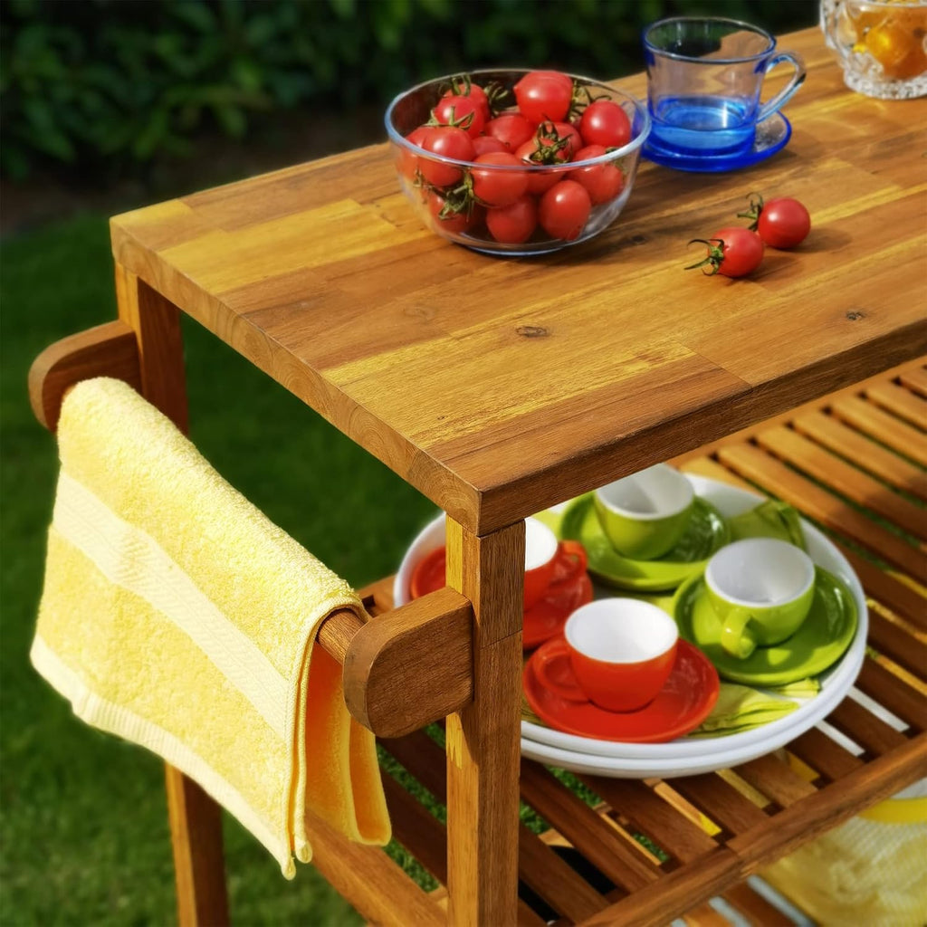 Interbuild 3 Tier Acacia Hardwood Kitchen Cart Portable Rolling Trolley Cart Kitchen Storage Utility Cart with Towel Rack (Golden Teak)