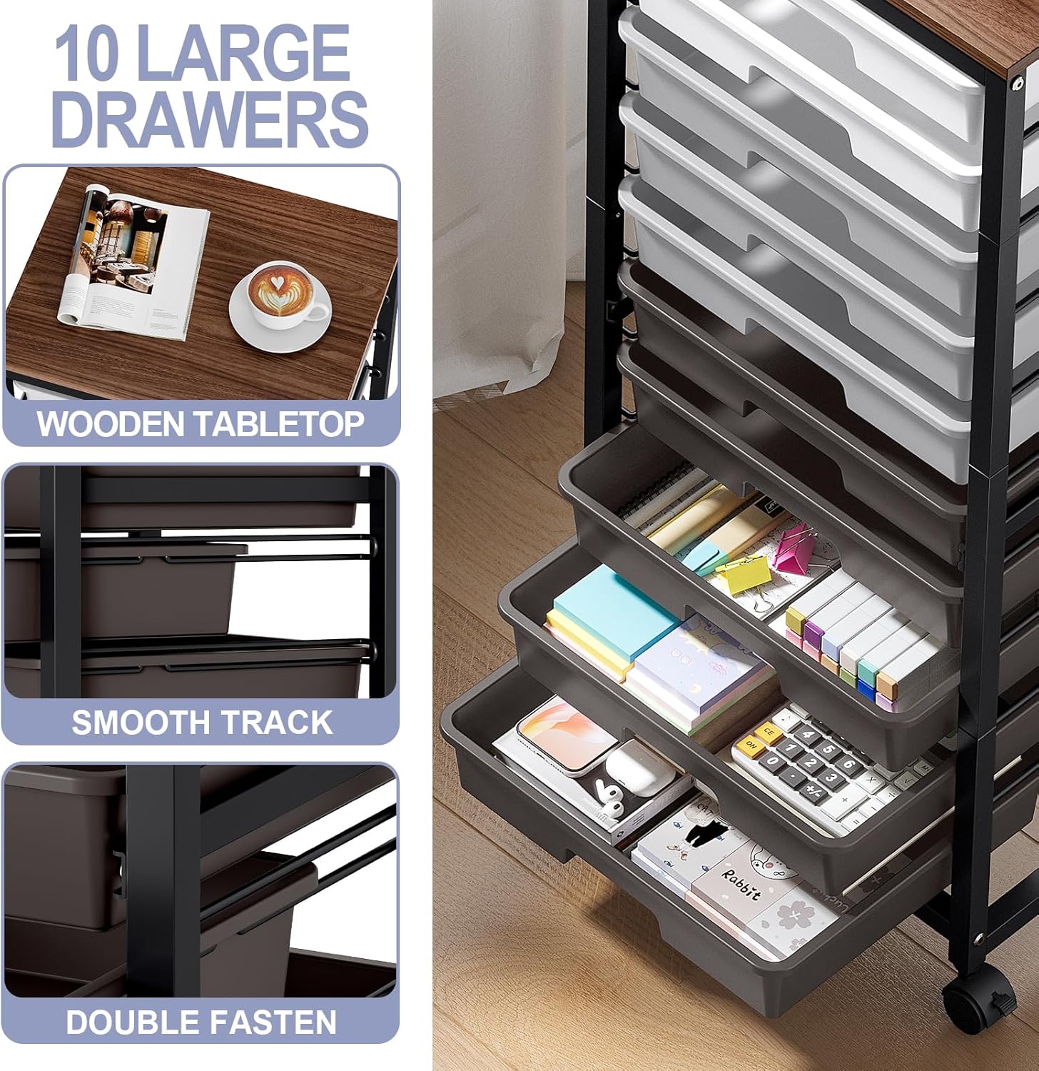Rolling Cart with Drawers,10 Drawer Rolling Cart,Storage Cart,Utility Cart,Teacher Cart for Classroom Storage,Craft Cart with Wheels and Wooden Tabletop,Grey