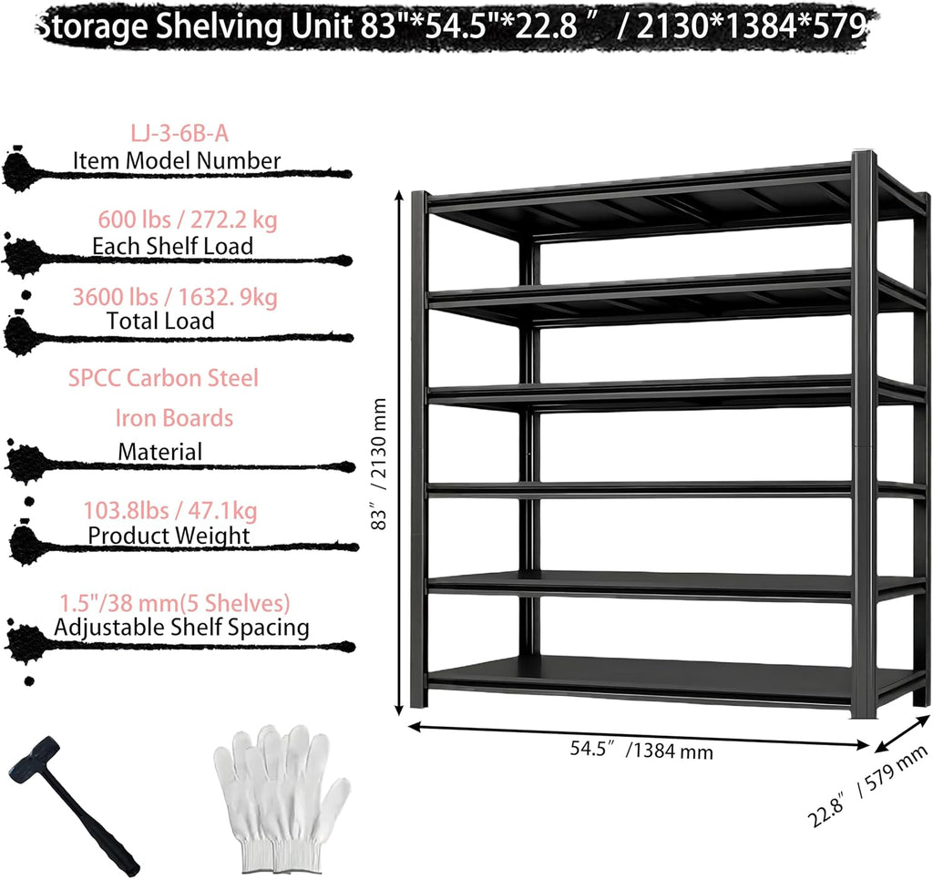 Industrial Storage Rack,Heavy-Duty Steel Shelving Unit,6-Tier Multi-Purpose Garage Organization System Black 83" H x 54.5" W x 22.8" D