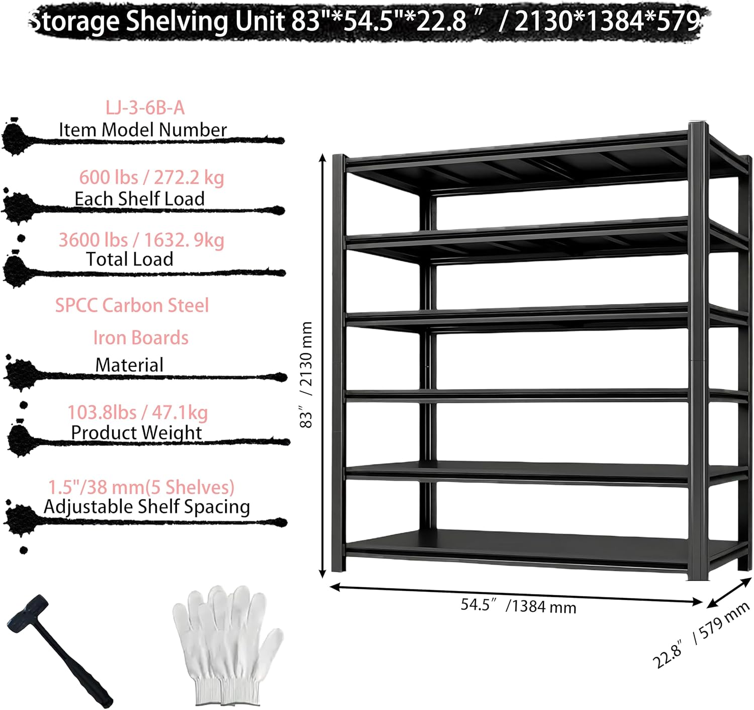 Industrial Storage Rack,Heavy-Duty Steel Shelving Unit,6-Tier Multi-Purpose Garage Organization System Black 83" H x 54.5" W x 22.8" D