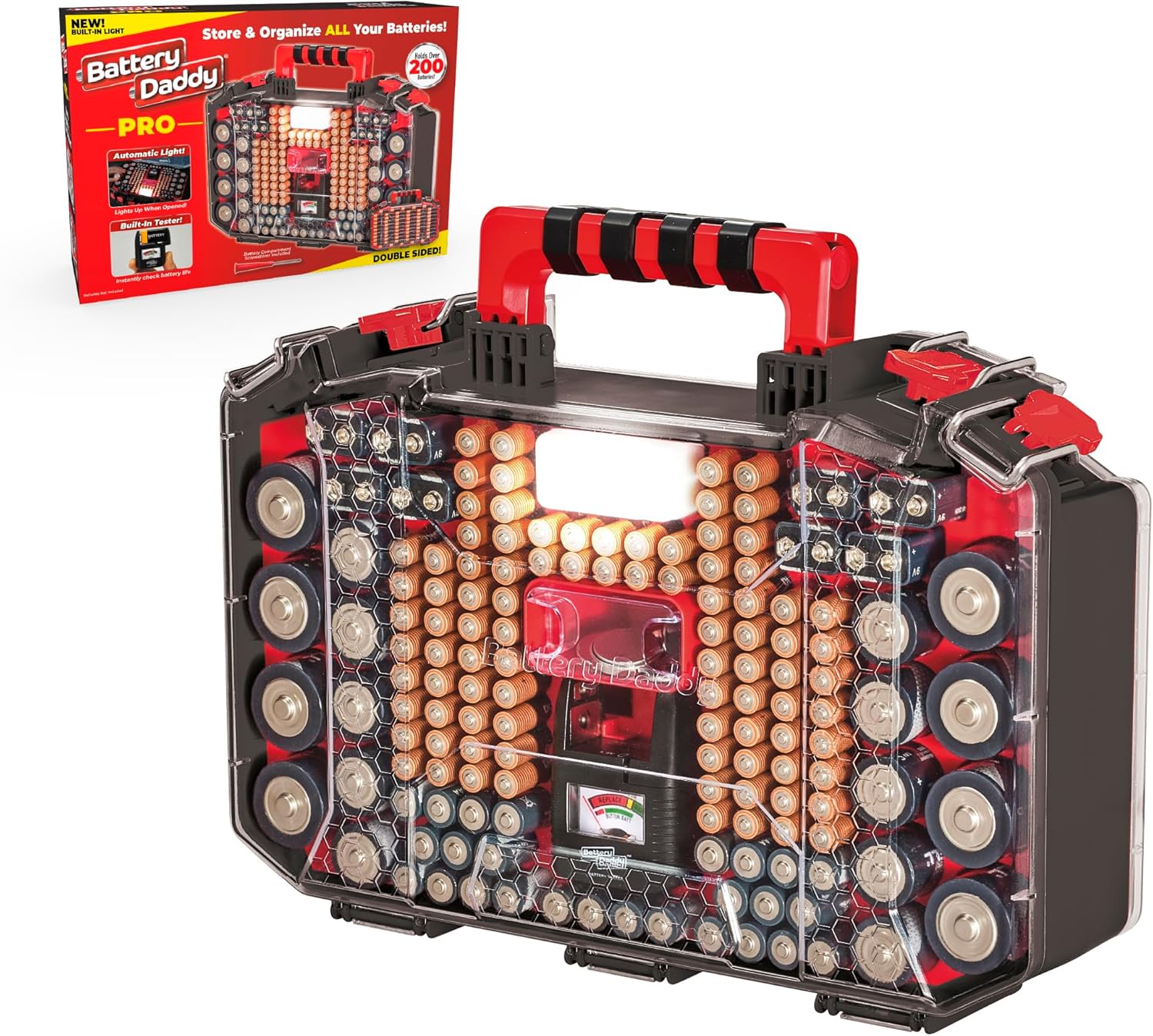 Ontel Battery Daddy Storage & Organizer Case with Light and Tester, Stores & Protects Over 200 Batteries, Double-Sided, Durable Design with Clear Locking Lid, Secure Latches & Portable Carrying Handle