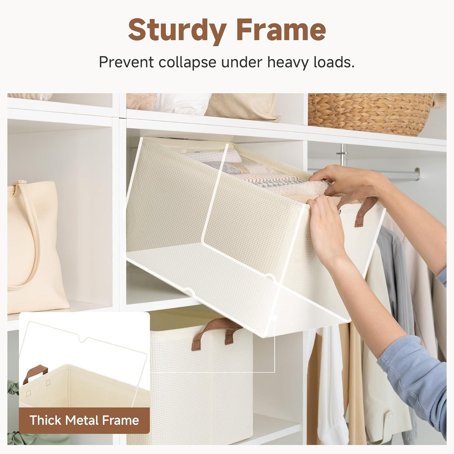 StorageWorks Storage Bins, Shelves Baskets for Organizing, 45L Extra Large Fabric Closet Organizers with Handles, Metal Frame, Beige（Texture）, 2-Pack