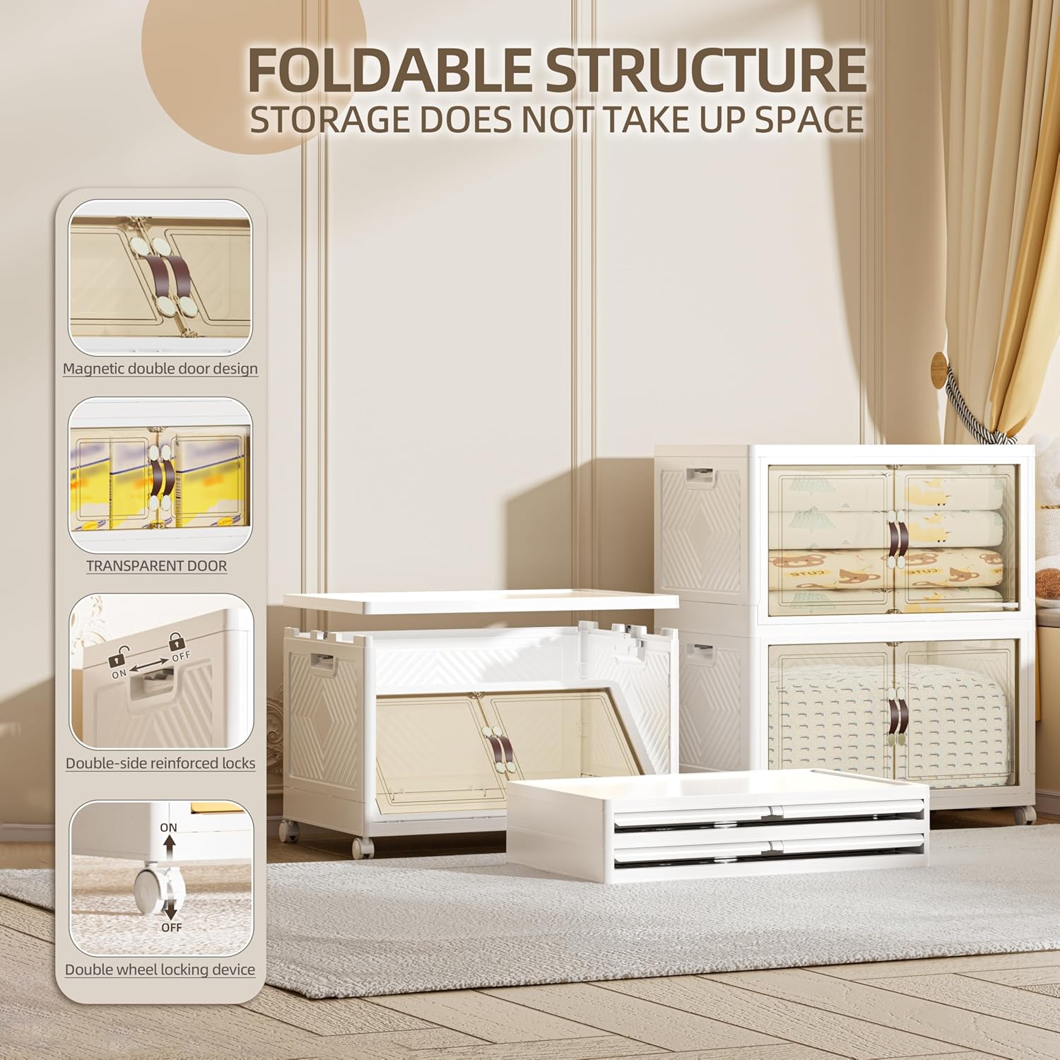 208 QT / 52 Gal Large Foldable Stackable Plastic Storage Cabinet with Double Magnetic Doors, Leather Handles & 4 Wheels - Organize Home, Office, Closet