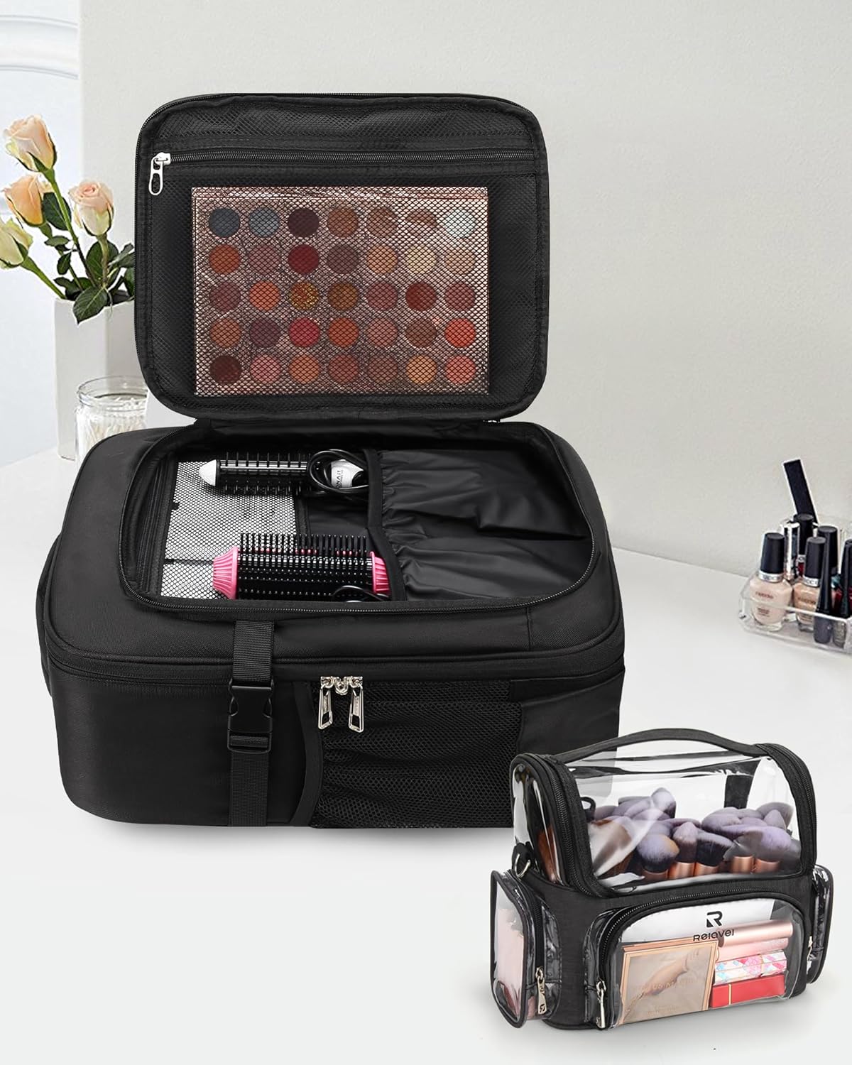 Relavel Professional Makeup Case Makeup Backpack and Clear Makeup Brush Case for Makeup Artists, Durable Water-resistant Material, with Shoulder Strap and Adjustable Dividers Black