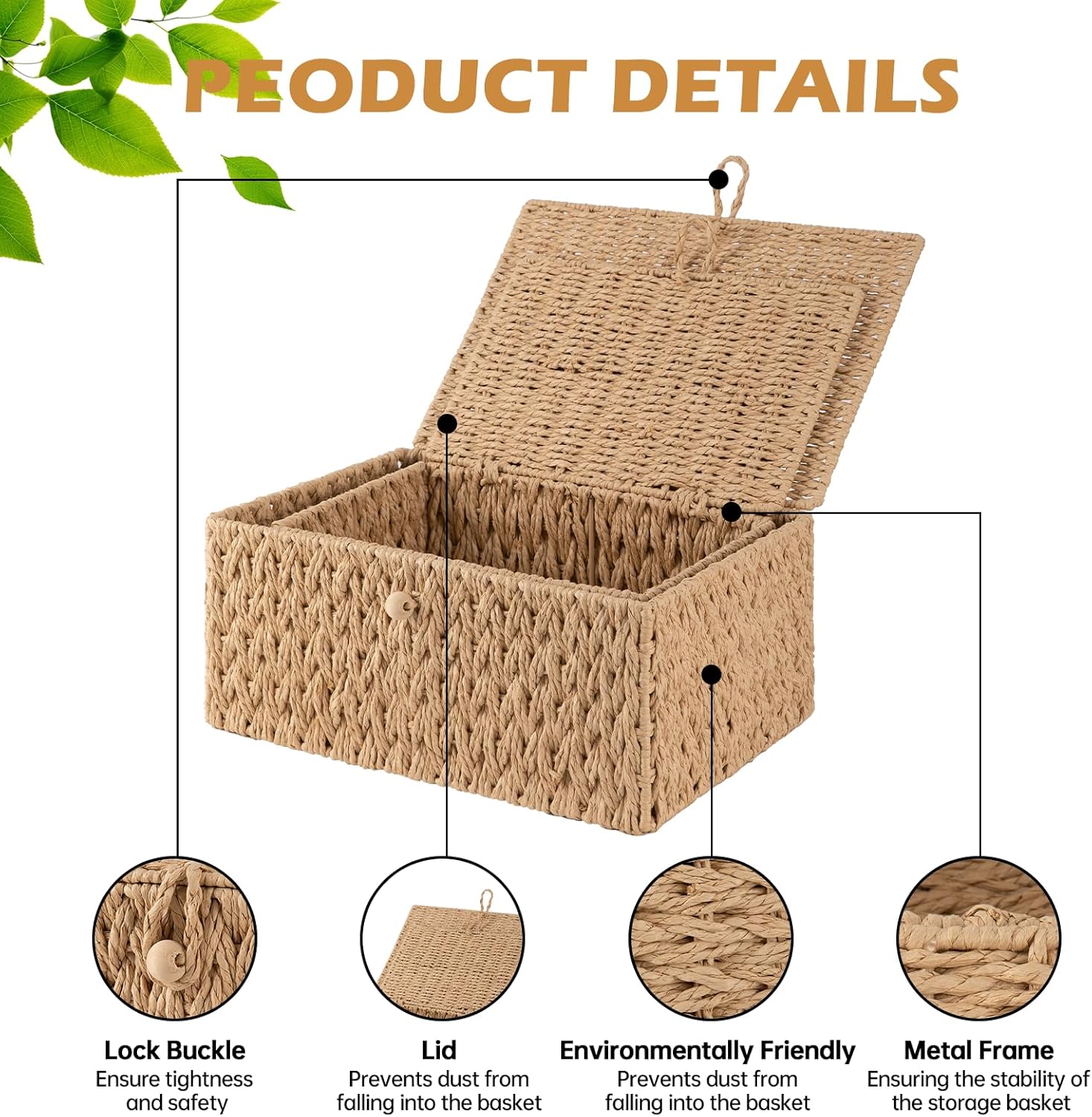 OIAHOMY Wicker Storage Basket with Lid & Lock, Lidded Storage Bins, Decorative Baskets for Organizing, Set of 2-Natural